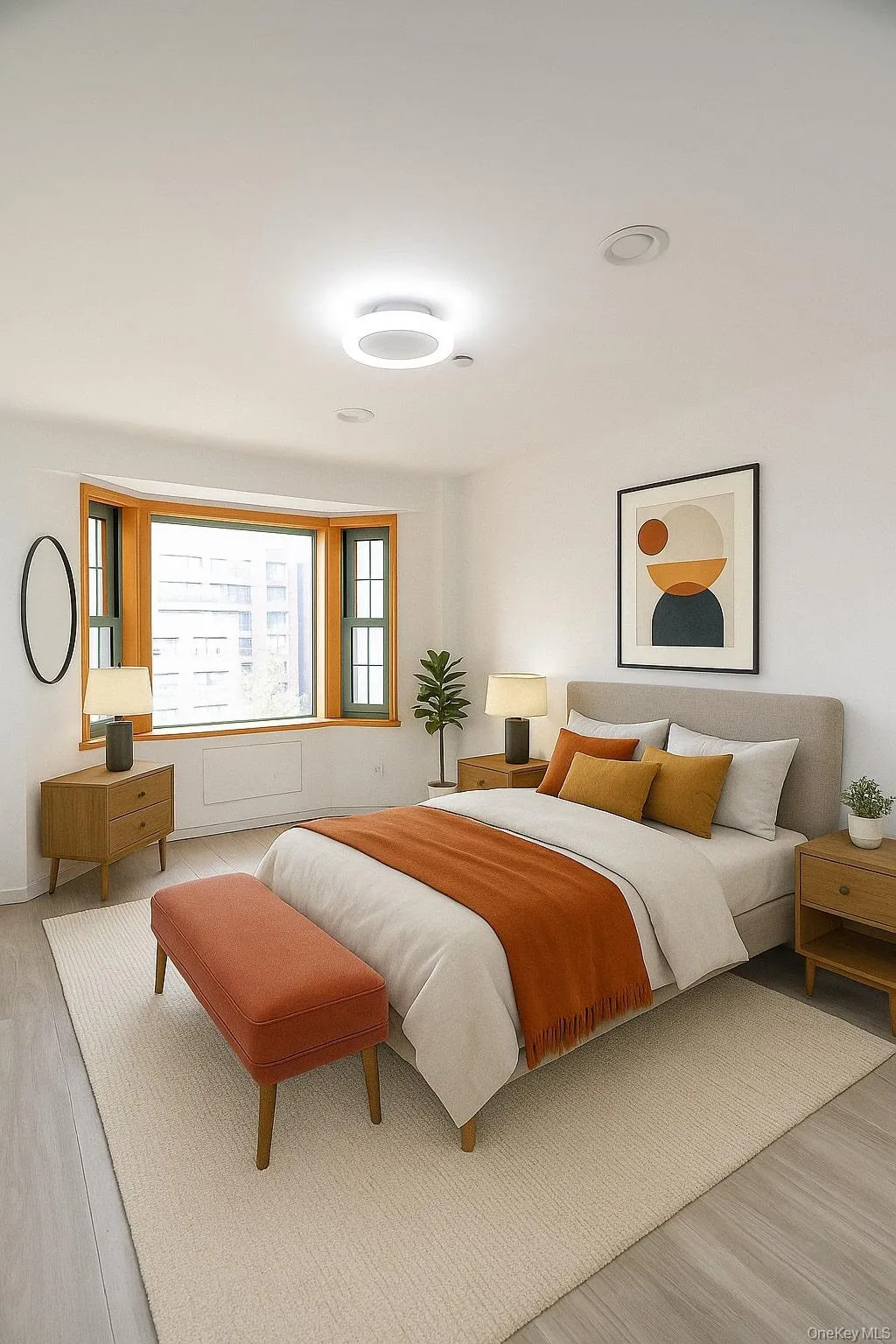Virtually staged photo of bedroom featuring wood finished floors and virtually staged modern furniture and decor Virtually staged photo of bedroom featuring wood finished floors and virtually staged modern furniture and decor