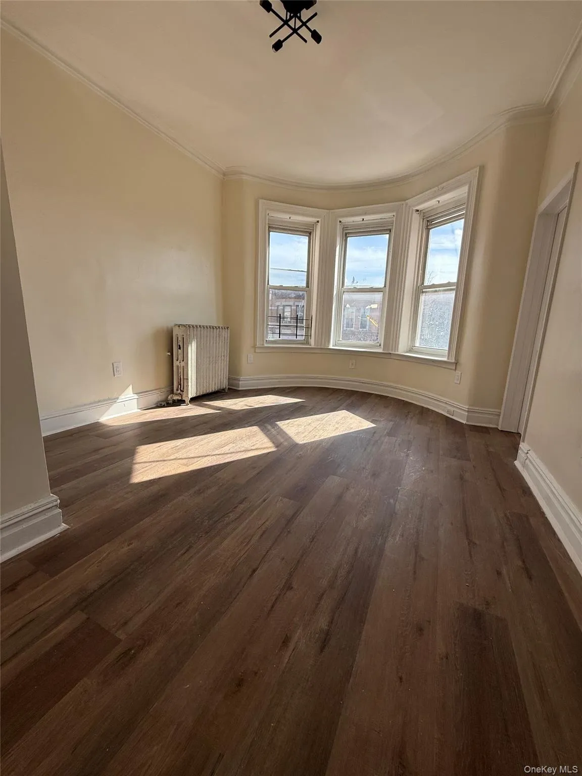 Unfurnished room with dark wood-style flooring, radiator heating unit, and crown molding Unfurnished room with dark wood-style flooring, radiator heating unit, and crown molding