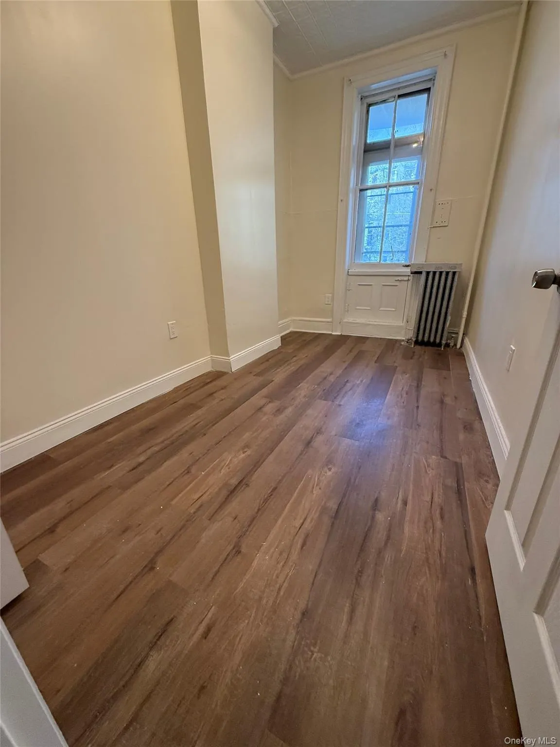 Unfurnished room featuring dark wood-style floors, radiator, and crown molding Unfurnished room featuring dark wood-style floors, radiator, and crown molding