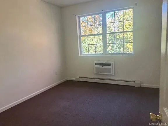 Spare room with dark carpet, baseboard heating, and a wall mounted air conditioner Spare room with dark carpet, baseboard heating, and a wall mounted air conditioner