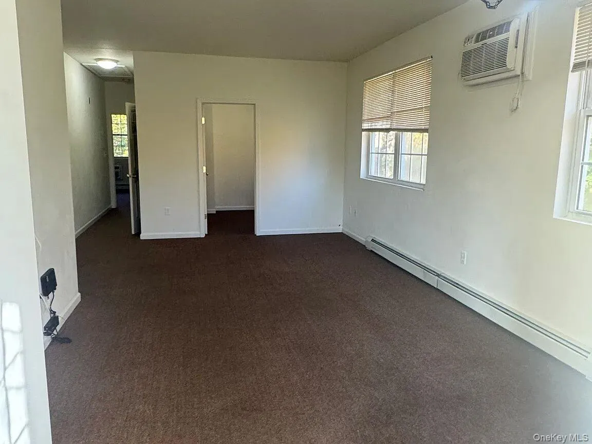 Empty room with baseboard heating, dark carpet, and a wall mounted air conditioner Empty room with baseboard heating, dark carpet, and a wall mounted air conditioner