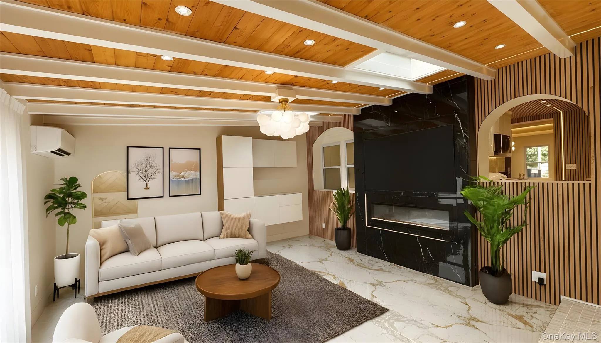 Living area with marble tiled floors, arched walkways, a high end fireplace, a wooden ceiling with exposed beams, and a wall mounted AC Living area with marble tiled floors, arched walkways, a high end fireplace, a wooden ceiling with exposed beams, and a wall mounted AC