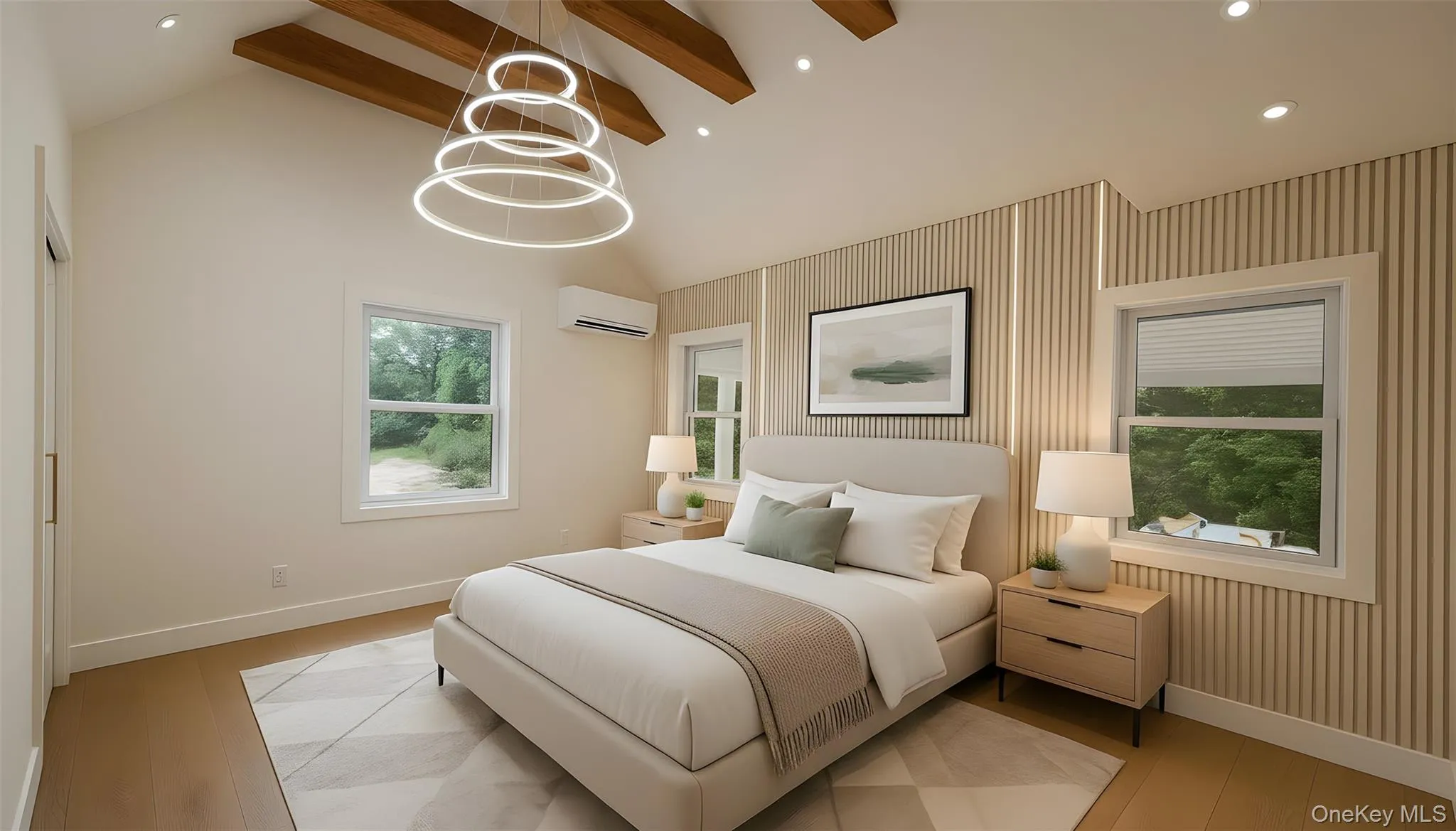 Bedroom with multiple windows, recessed lighting, a chandelier, a wall unit AC, and light wood-type flooring Bedroom with multiple windows, recessed lighting, a chandelier, a wall unit AC, and light wood-type flooring