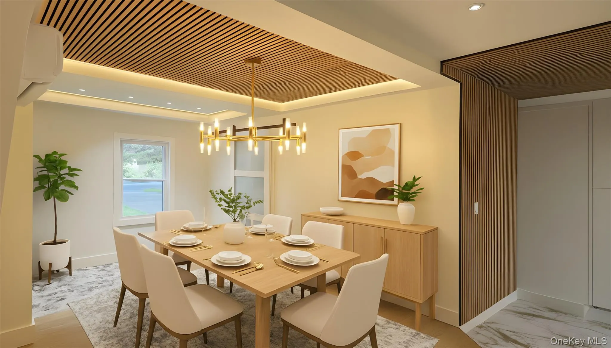 Dining room with a chandelier, a wall unit AC, recessed lighting, and a raised ceiling Dining room with a chandelier, a wall unit AC, recessed lighting, and a raised ceiling