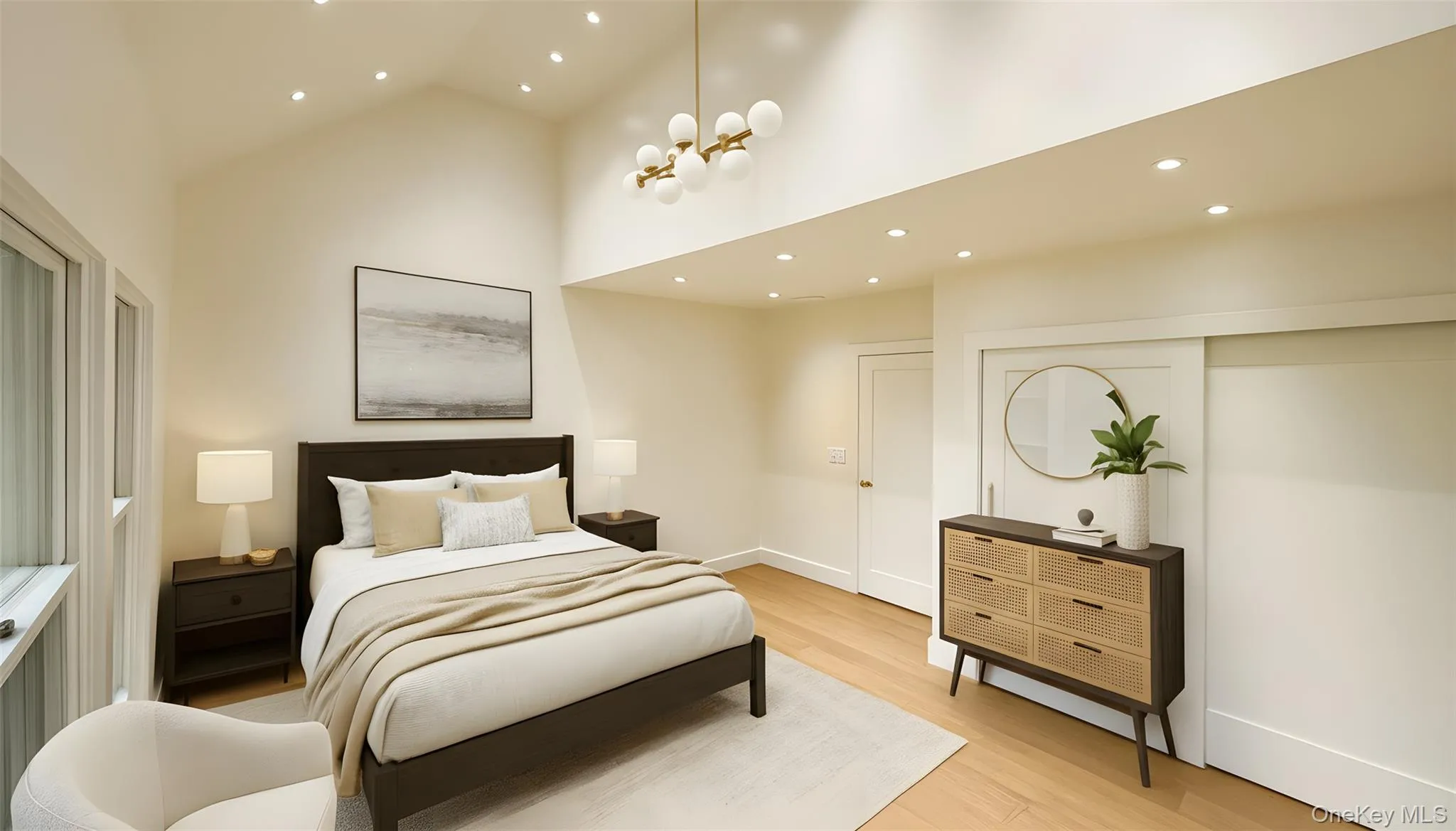 Bedroom featuring recessed lighting, a chandelier, light wood-style floors, and high vaulted ceiling Bedroom featuring recessed lighting, a chandelier, light wood-style floors, and high vaulted ceiling