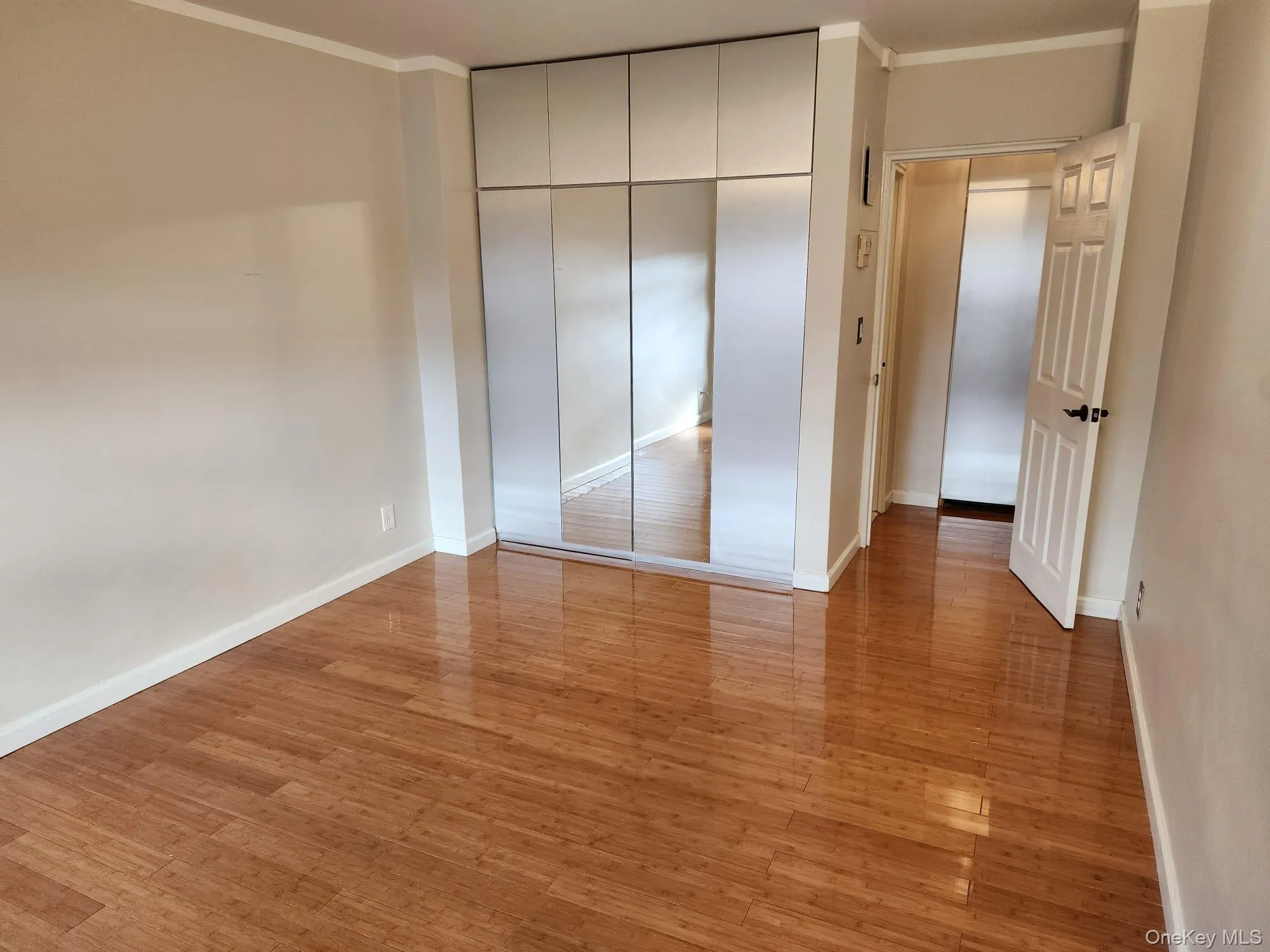 Unfurnished bedroom featuring crown molding, light wood-type flooring, and a closet Unfurnished bedroom featuring crown molding, light wood-type flooring, and a closet