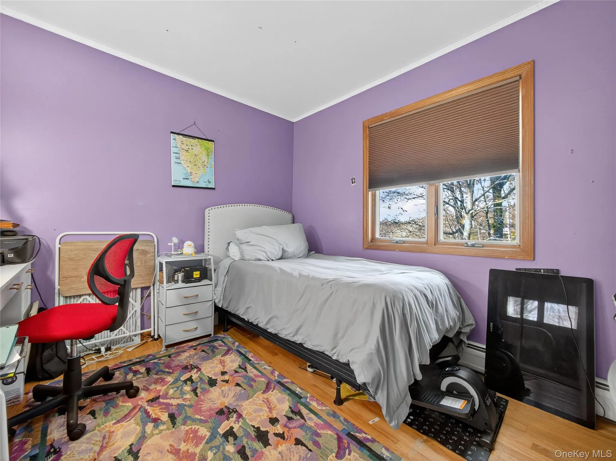 Bedroom featuring wood finished floors, radiator heating unit, a baseboard heating unit, and ornamental molding Bedroom featuring wood finished floors, radiator heating unit, a baseboard heating unit, and ornamental molding