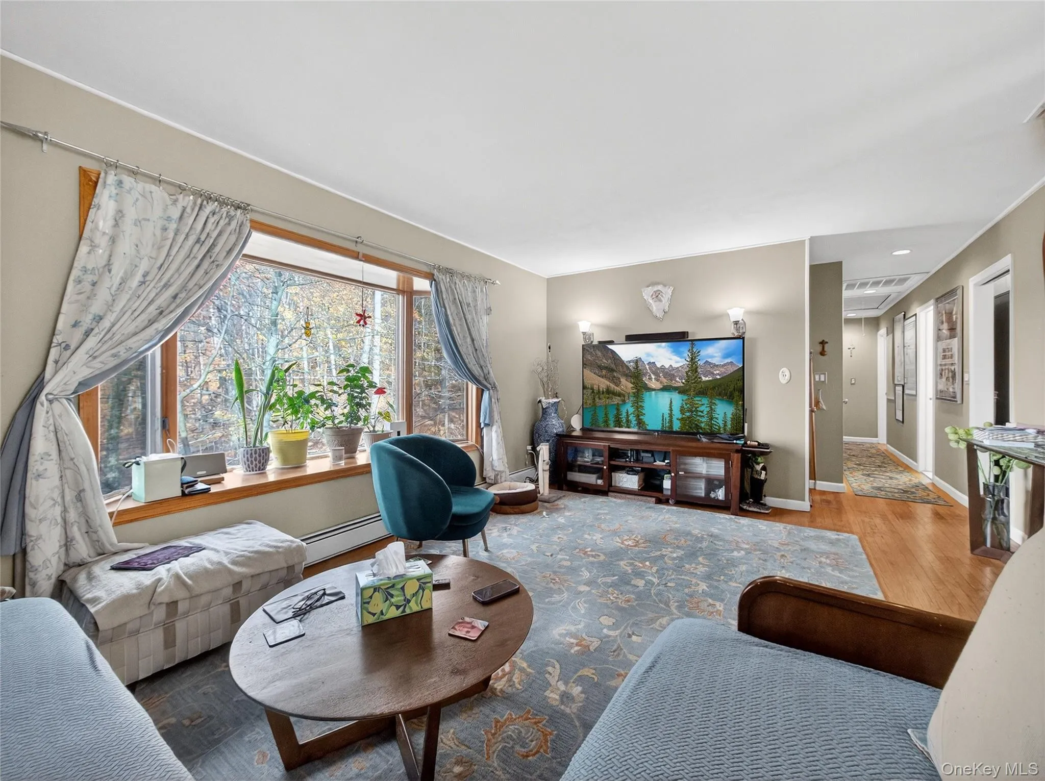 Living room featuring light wood-style floors and baseboard heating Living room featuring light wood-style floors and baseboard heating