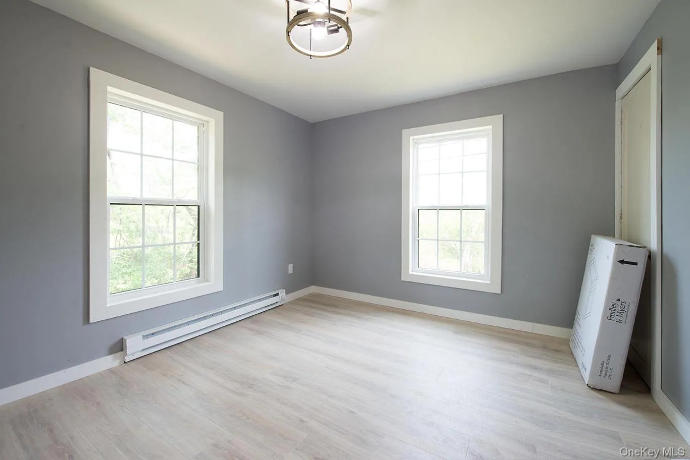Empty room with a baseboard radiator and light wood-style floors Empty room with a baseboard radiator and light wood-style floors