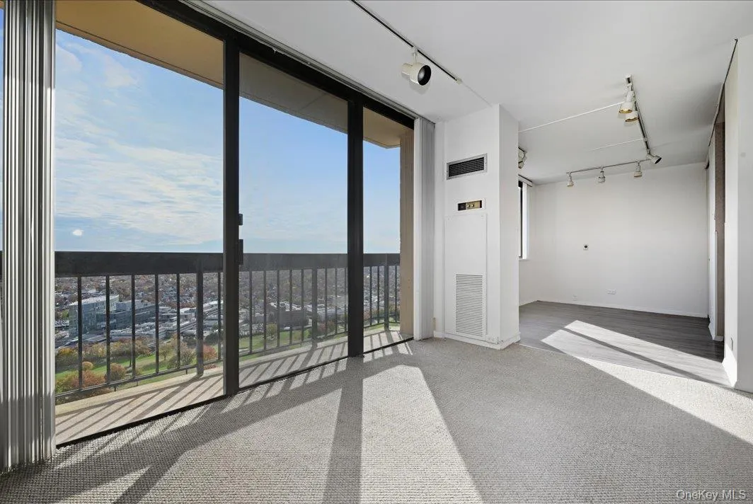Unfurnished room with rail lighting, floor to ceiling windows, and carpet Unfurnished room with rail lighting, floor to ceiling windows, and carpet