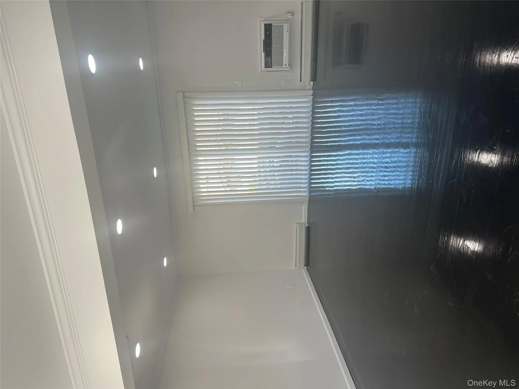 Spare room featuring crown molding, dark wood-type flooring, recessed lighting, a baseboard radiator, and a wall mounted air conditioner Spare room featuring crown molding, dark wood-type flooring, recessed lighting, a baseboard radiator, and a wall mounted air conditioner