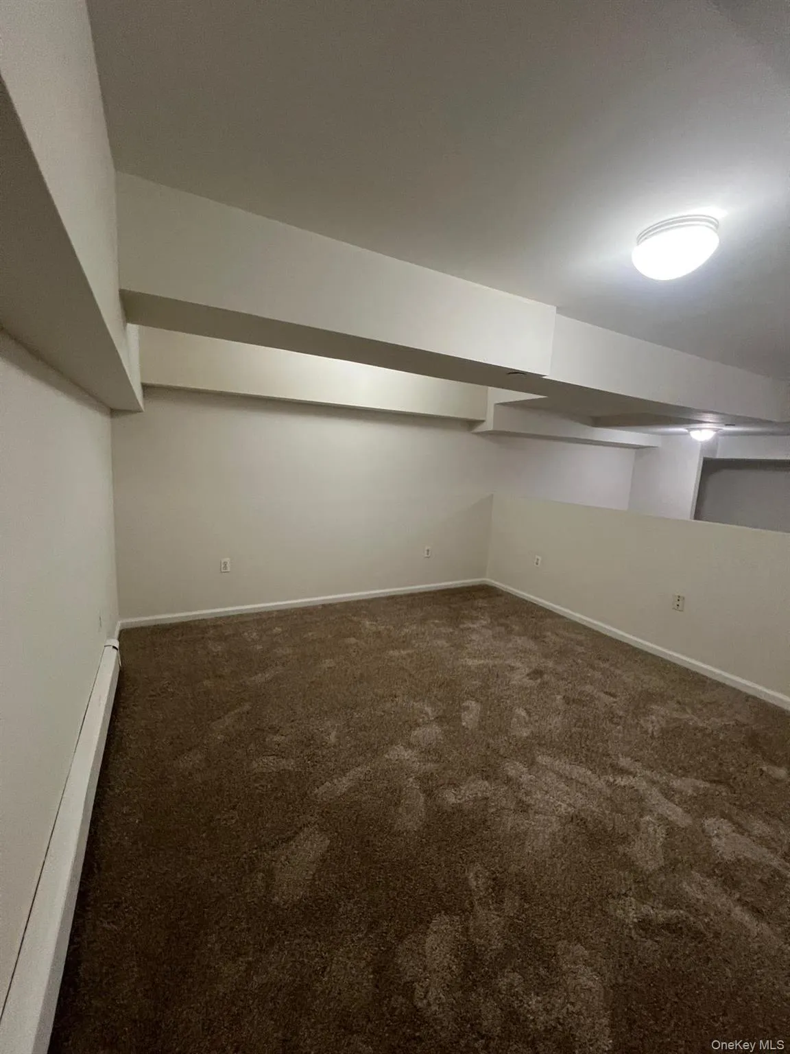 Finished below grade area with dark colored carpet and a baseboard radiator Finished below grade area with dark colored carpet and a baseboard radiator