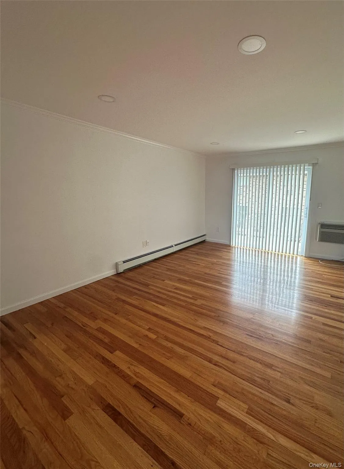 Empty room with a baseboard radiator, light wood finished floors, ornamental molding, and recessed lighting Empty room with a baseboard radiator, light wood finished floors, ornamental molding, and recessed lighting