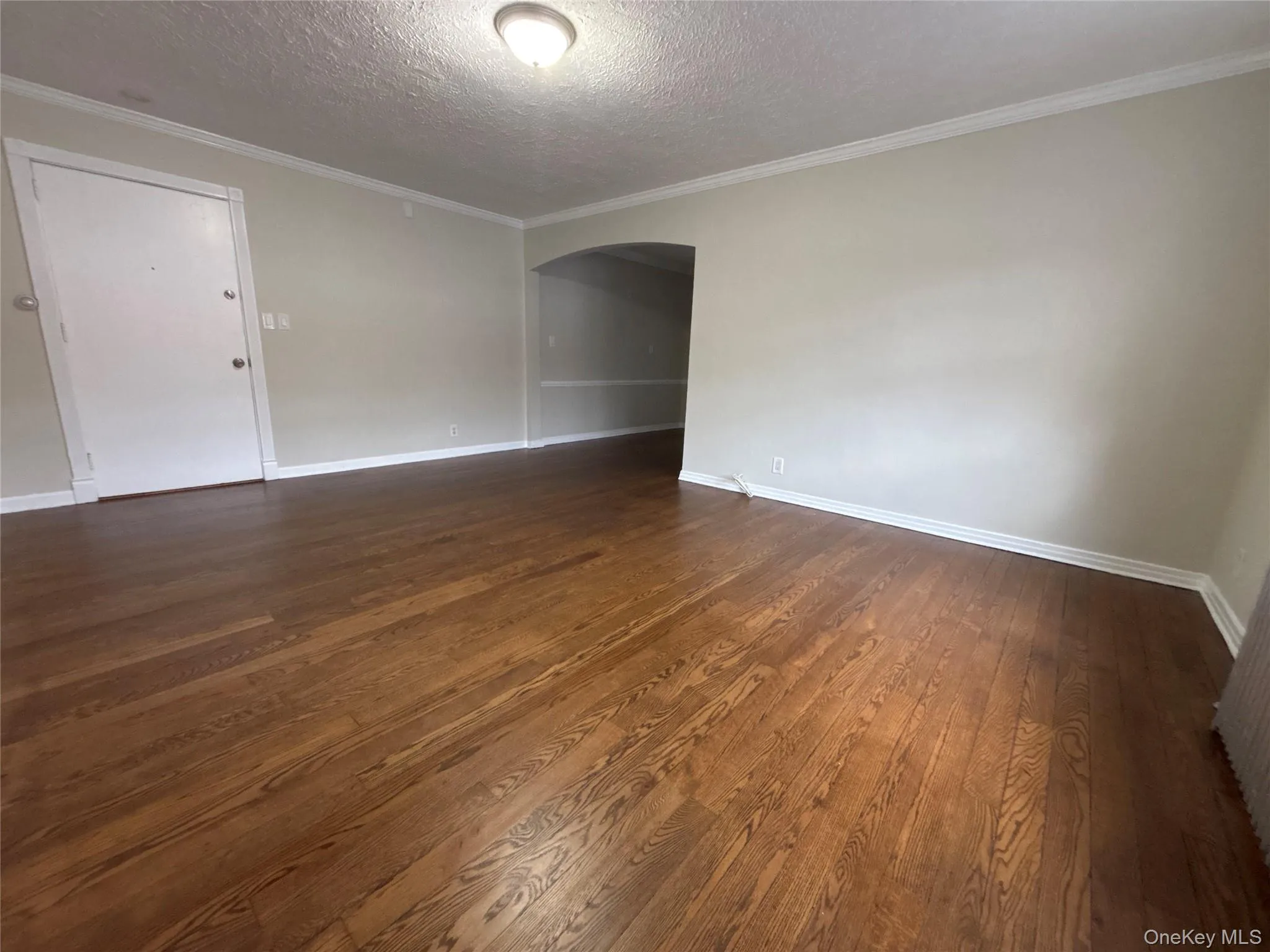 Spare room with dark wood-style flooring, arched walkways, a textured ceiling, and ornamental molding Spare room with dark wood-style flooring, arched walkways, a textured ceiling, and ornamental molding