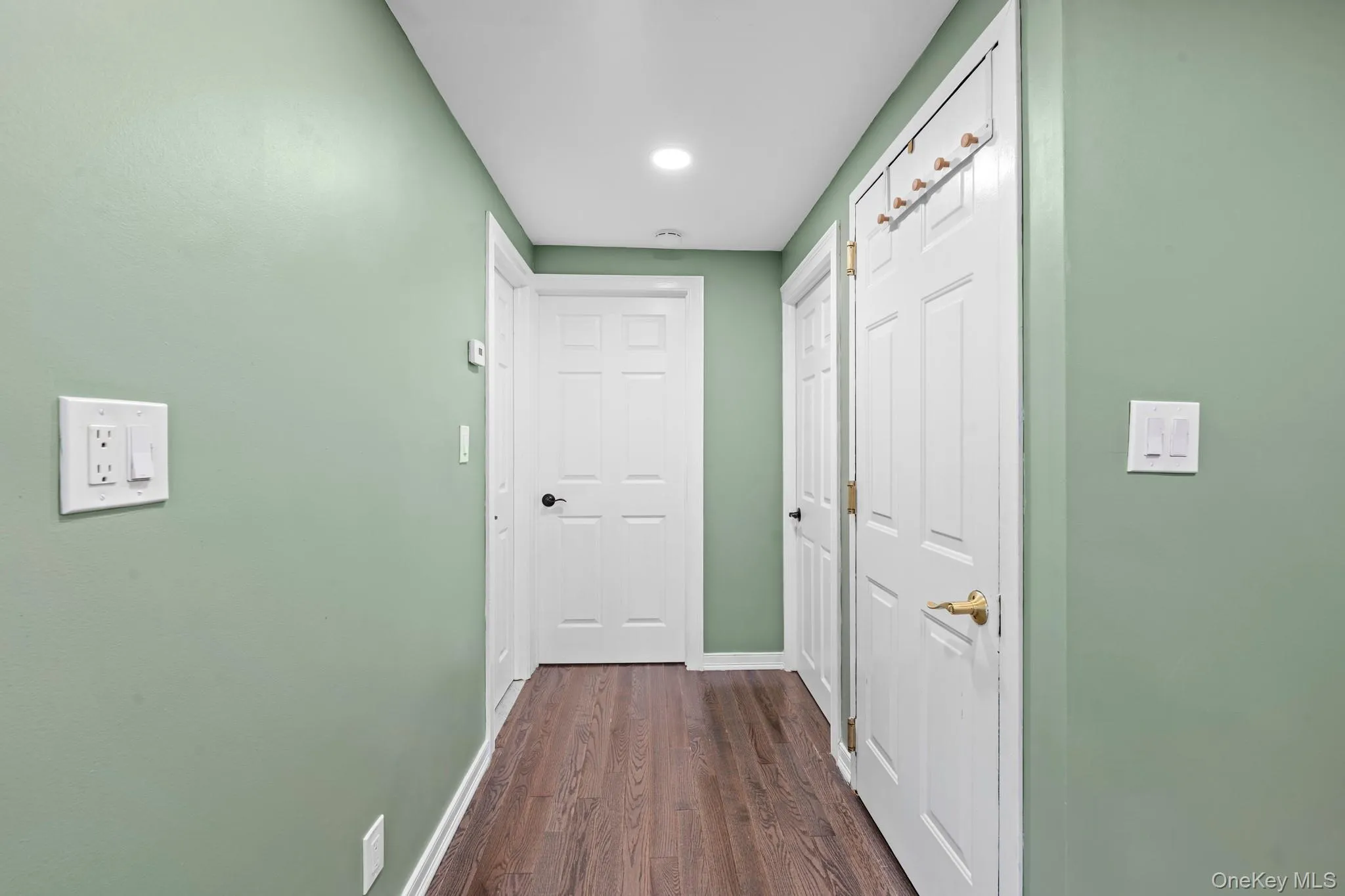 Hallway with dark wood-style floors and recessed lighting Hallway with dark wood-style floors and recessed lighting
