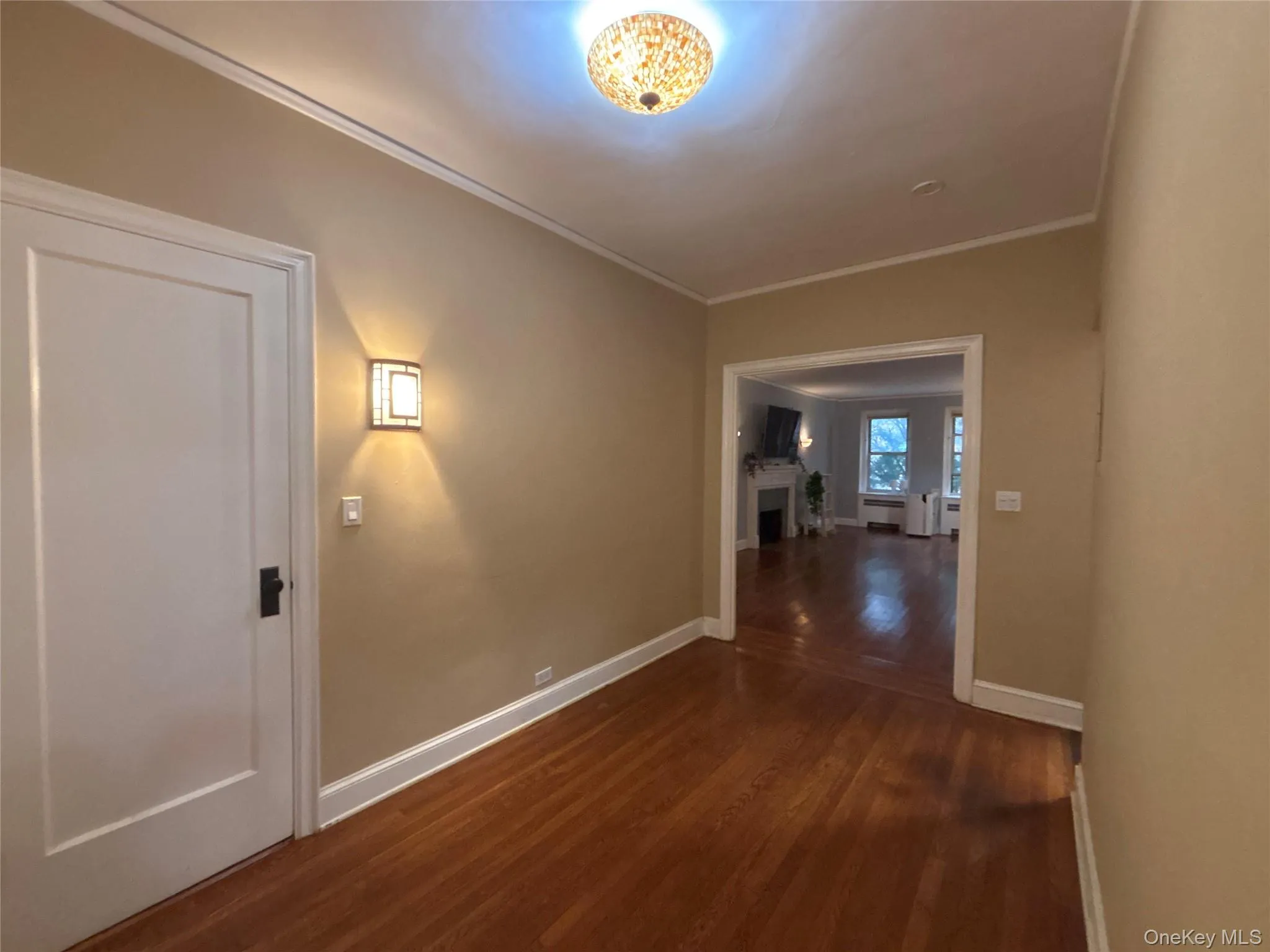 Hallway featuring dark wood finished floors and crown molding Hallway featuring dark wood finished floors and crown molding