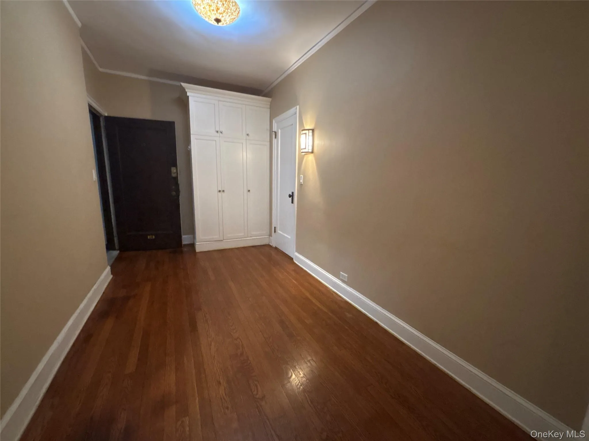 Hall with ornamental molding and dark wood-style floors Hall with ornamental molding and dark wood-style floors
