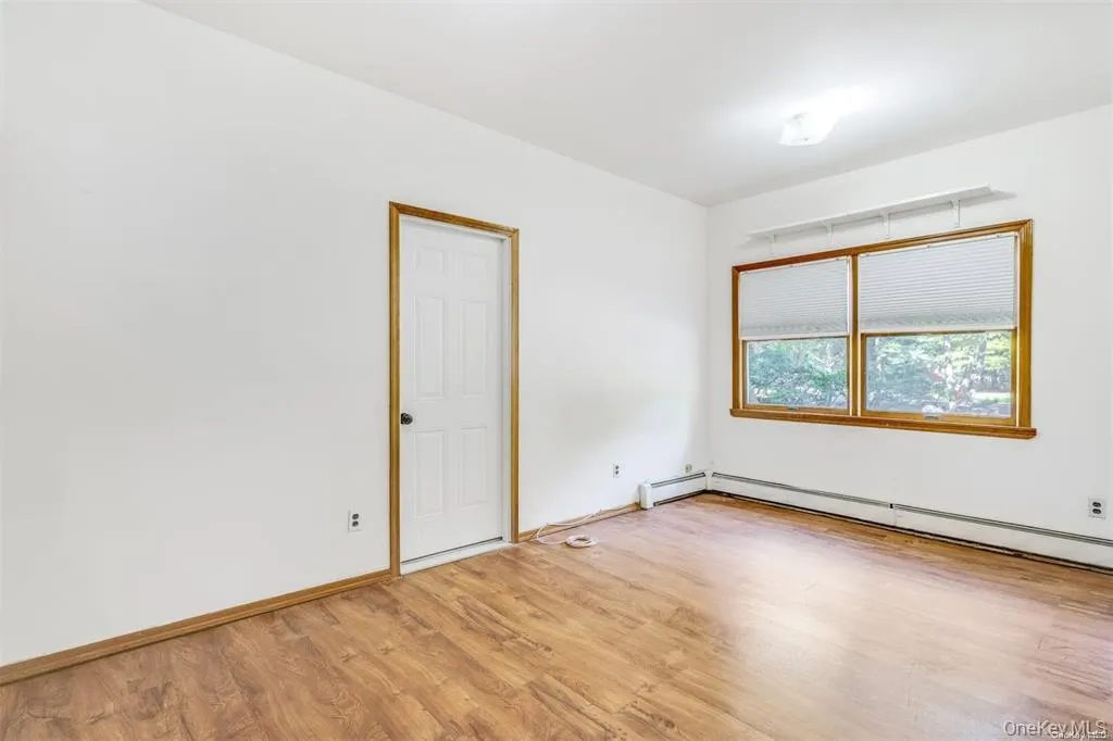Empty room with a baseboard heating unit and light wood-style floors Empty room with a baseboard heating unit and light wood-style floors