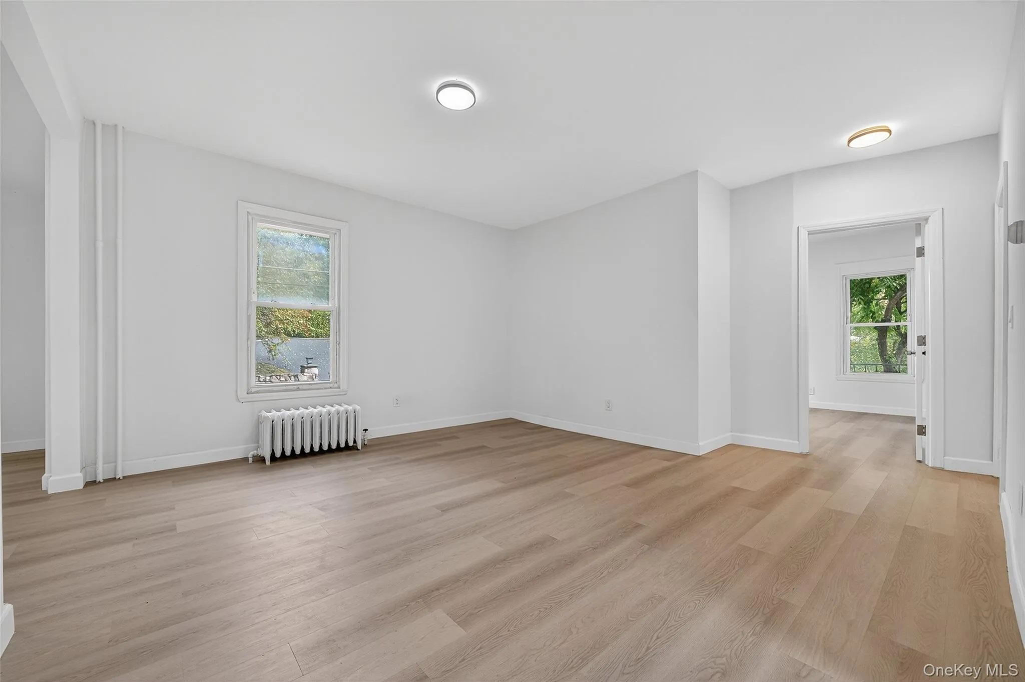 Unfurnished room featuring radiator and light wood finished floors Unfurnished room featuring radiator and light wood finished floors