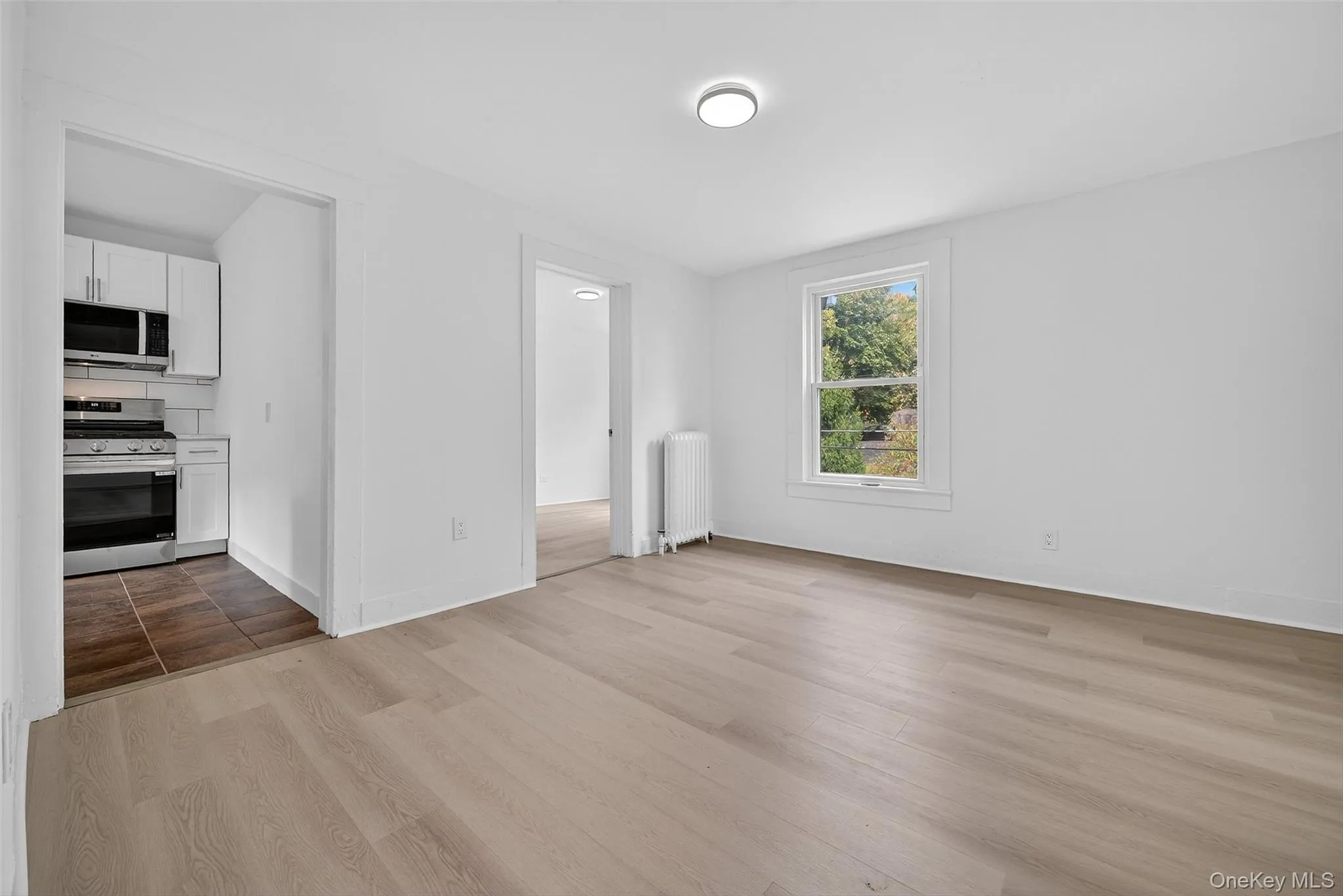 Unfurnished living room featuring light wood finished floors and radiator heating unit Unfurnished living room featuring light wood finished floors and radiator heating unit