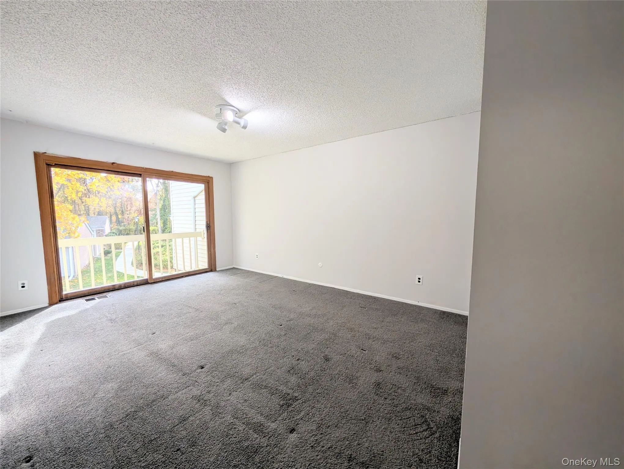 Unfurnished room with a textured ceiling and carpet Unfurnished room with a textured ceiling and carpet