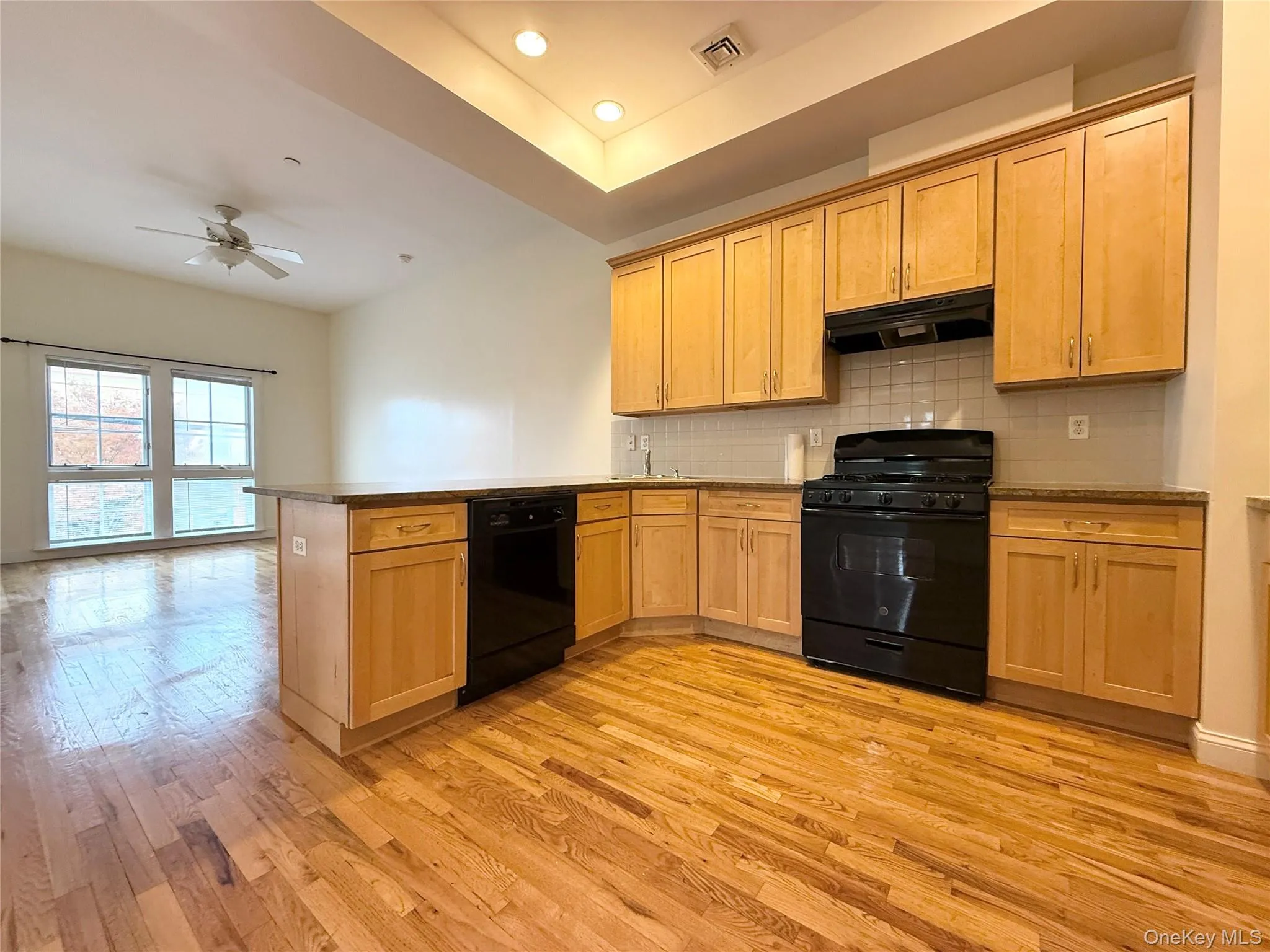 Kitchen featuring backsplash, black appliances, light wood-style flooring, a peninsula, and under cabinet range hood Kitchen featuring backsplash, black appliances, light wood-style flooring, a peninsula, and under cabinet range hood