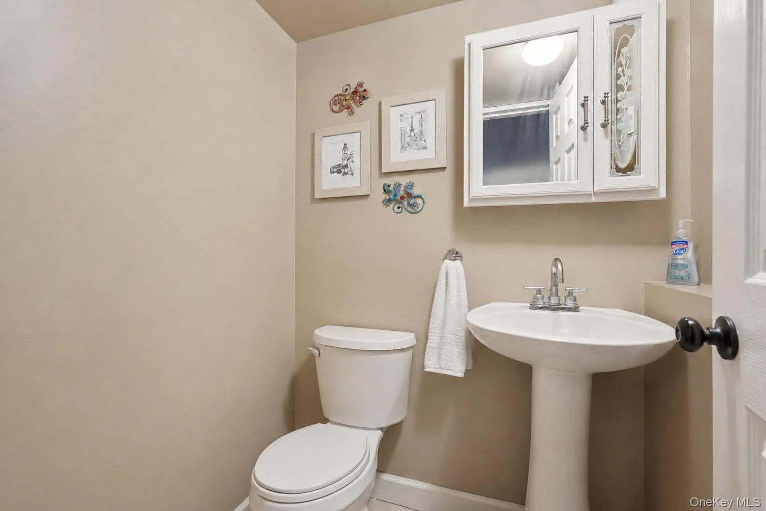 Lower level Bathroom. Pedestal sink with chrome faucet, complemented by a wall-mounted medicine cabinet with mirrored and frosted glass doors. some photos may include virtually staged or digitally modified Lower level Bathroom. Pedestal sink with chrome faucet, complemented by a wall-mounted medicine cabinet with mirrored and frosted glass doors. some photos may include virtually staged or digitally modified