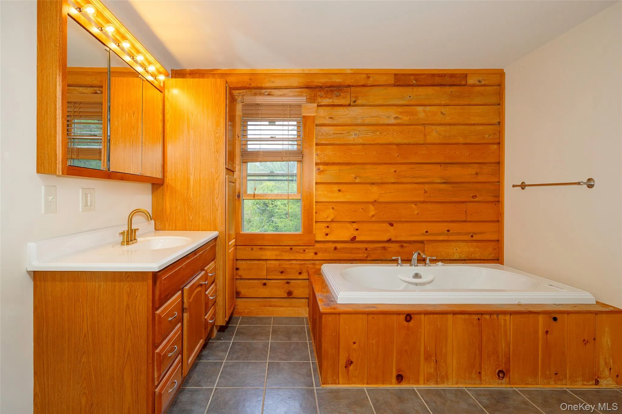 Full bath featuring a garden tub, vanity, and dark tile patterned flooring Full bath featuring a garden tub, vanity, and dark tile patterned flooring
