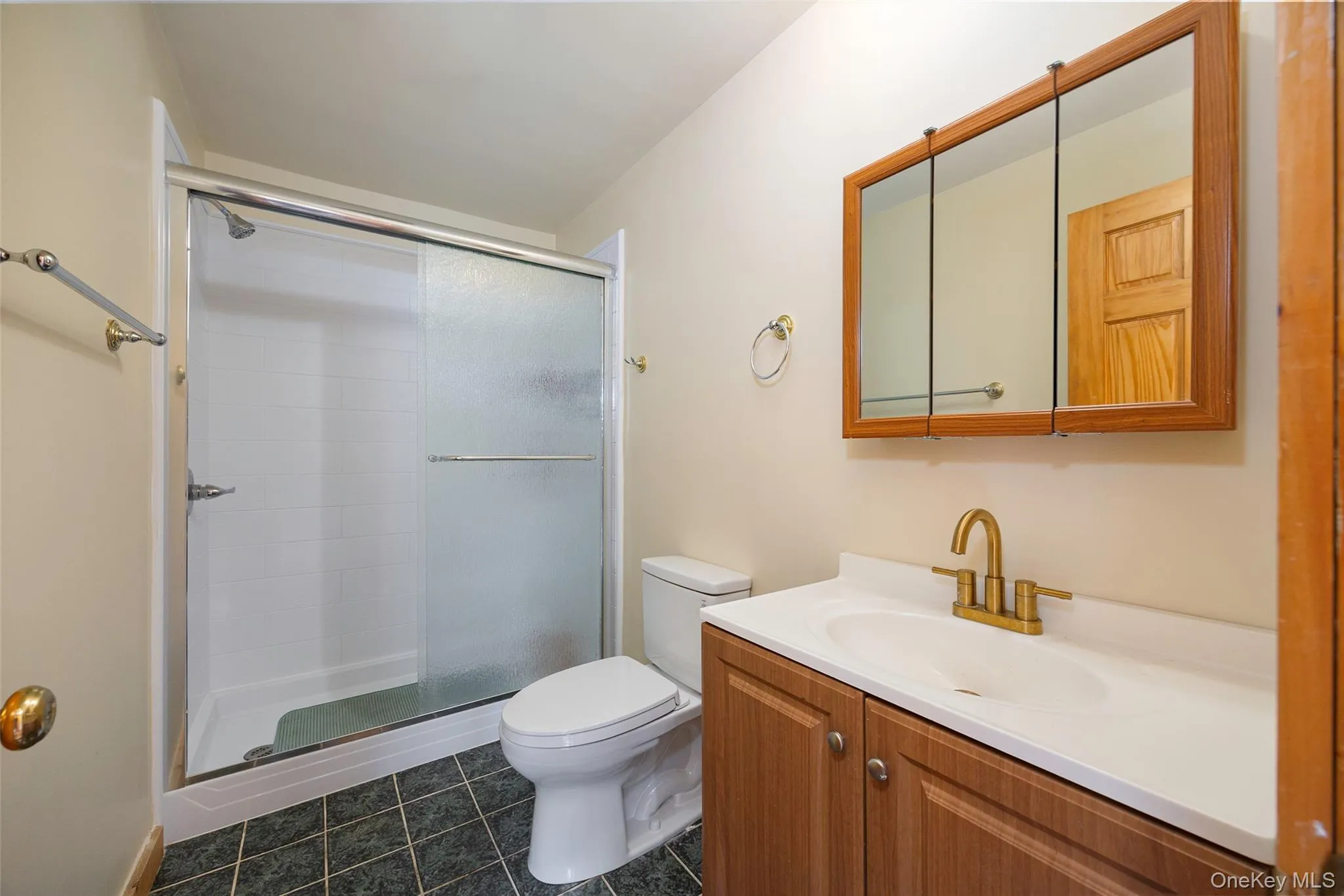 Full bathroom with dark tile patterned flooring, vanity, and a stall shower Full bathroom with dark tile patterned flooring, vanity, and a stall shower