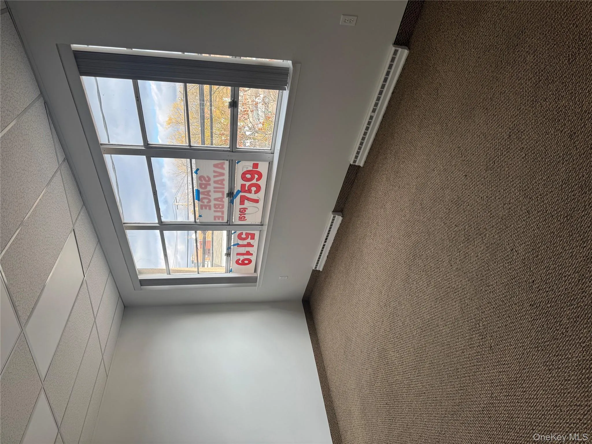 Carpeted empty room with a drop ceiling and a baseboard radiator Carpeted empty room with a drop ceiling and a baseboard radiator