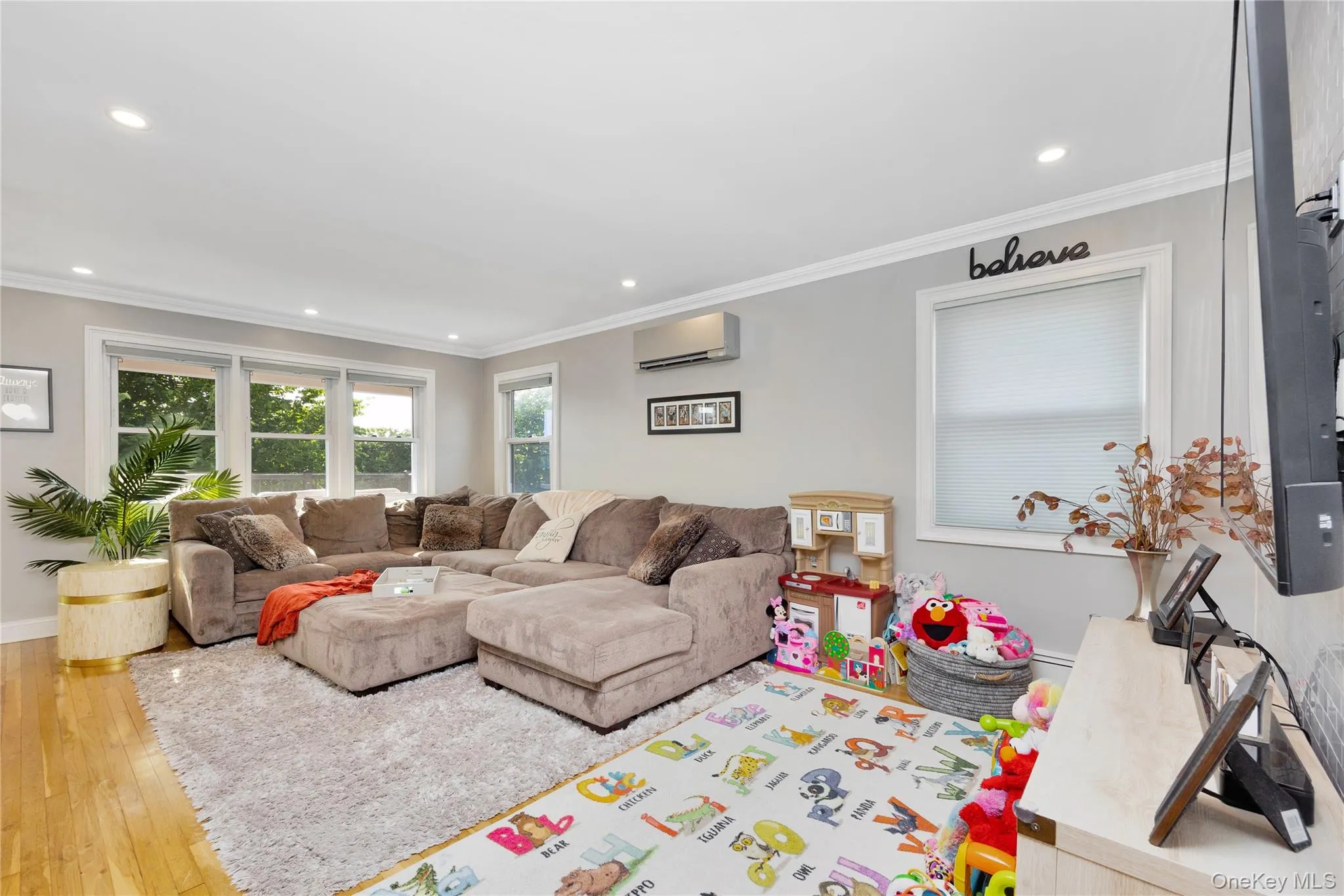 Living area with crown molding, light wood-type flooring, recessed lighting, and a wall mounted air conditioner Living area with crown molding, light wood-type flooring, recessed lighting, and a wall mounted air conditioner