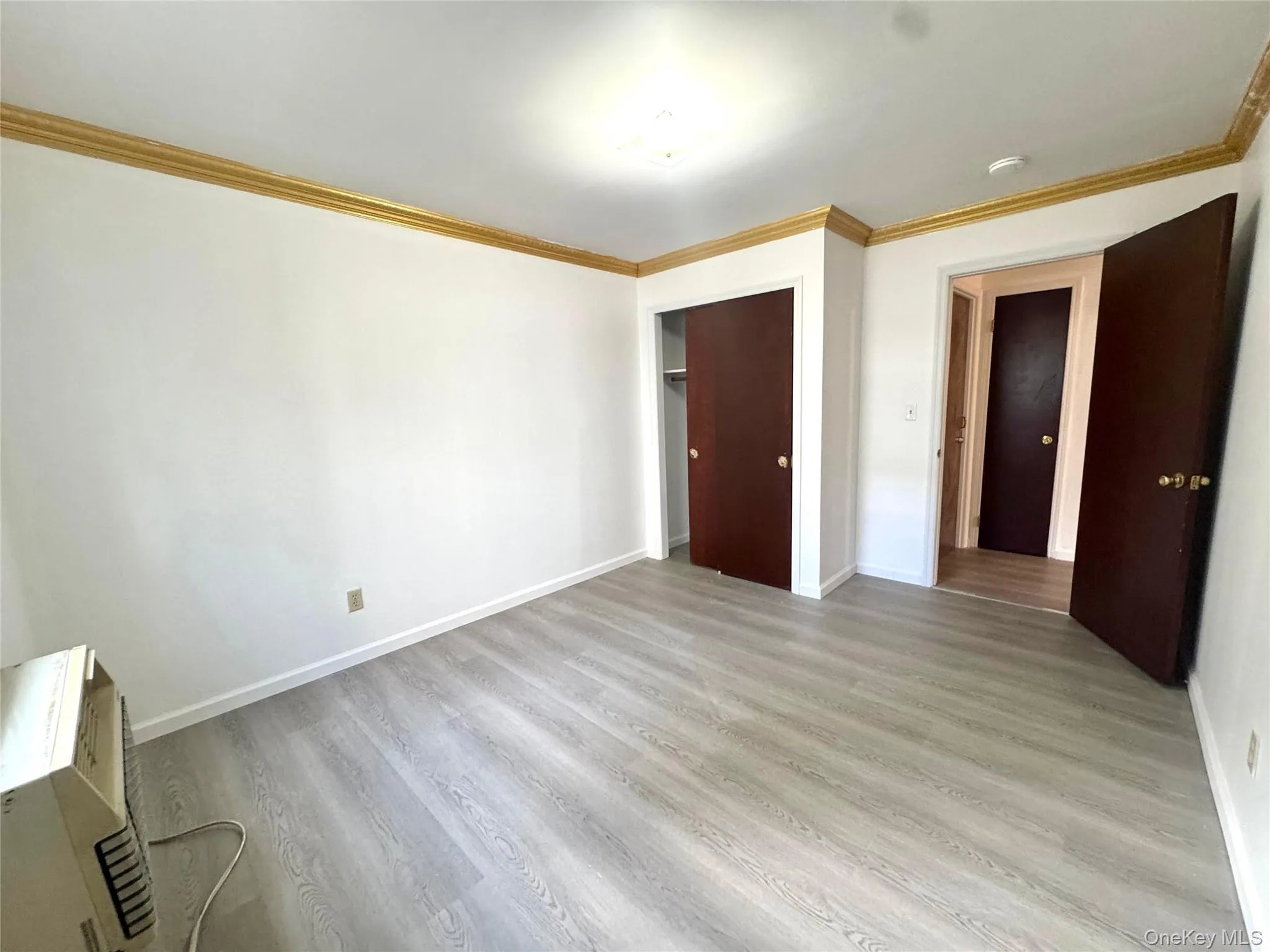 Unfurnished room featuring ornamental molding and light wood-style floors Unfurnished room featuring ornamental molding and light wood-style floors