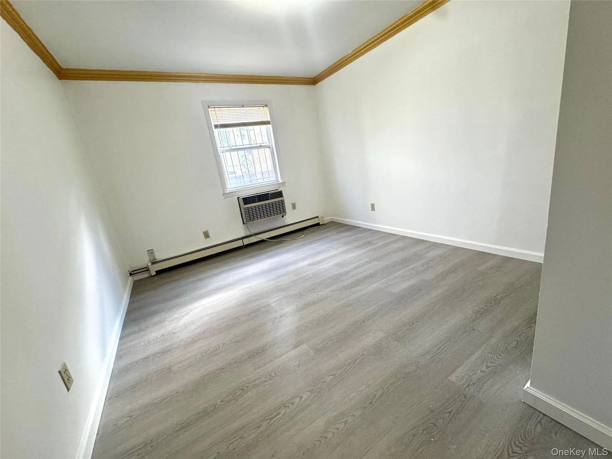 Spare room with light wood-type flooring, crown molding, an AC wall unit, and a baseboard radiator Spare room with light wood-type flooring, crown molding, an AC wall unit, and a baseboard radiator
