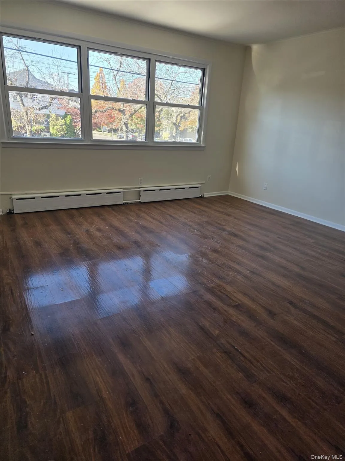 Spare room featuring dark wood-type flooring and a baseboard heating unit Spare room featuring dark wood-type flooring and a baseboard heating unit