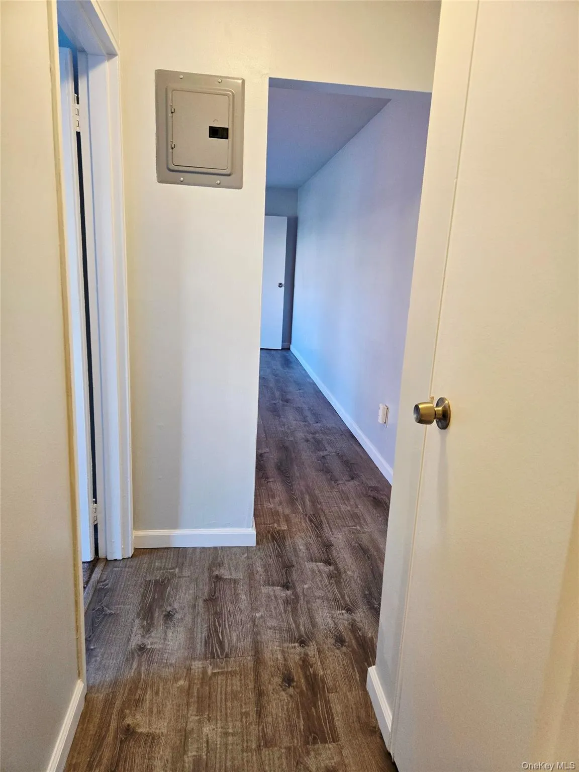 Hallway featuring electric panel and dark wood-style floors Hallway featuring electric panel and dark wood-style floors