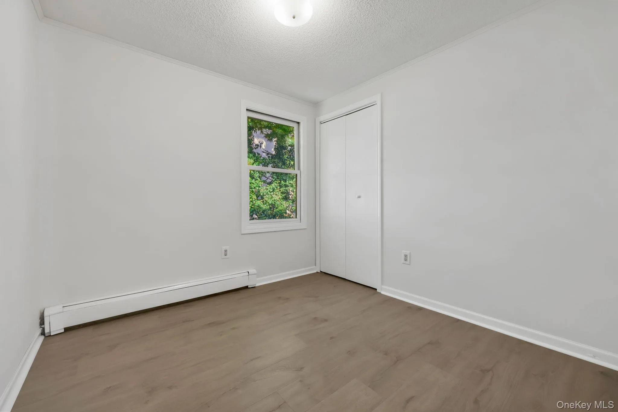 Unfurnished room featuring a baseboard radiator, a textured ceiling, wood finished floors, and ornamental molding Unfurnished room featuring a baseboard radiator, a textured ceiling, wood finished floors, and ornamental molding