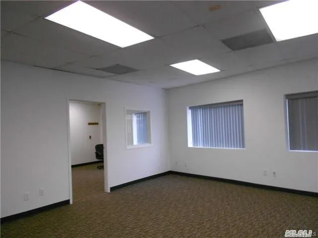 Unfurnished room featuring dark colored carpet and a drop ceiling Unfurnished room featuring dark colored carpet and a drop ceiling