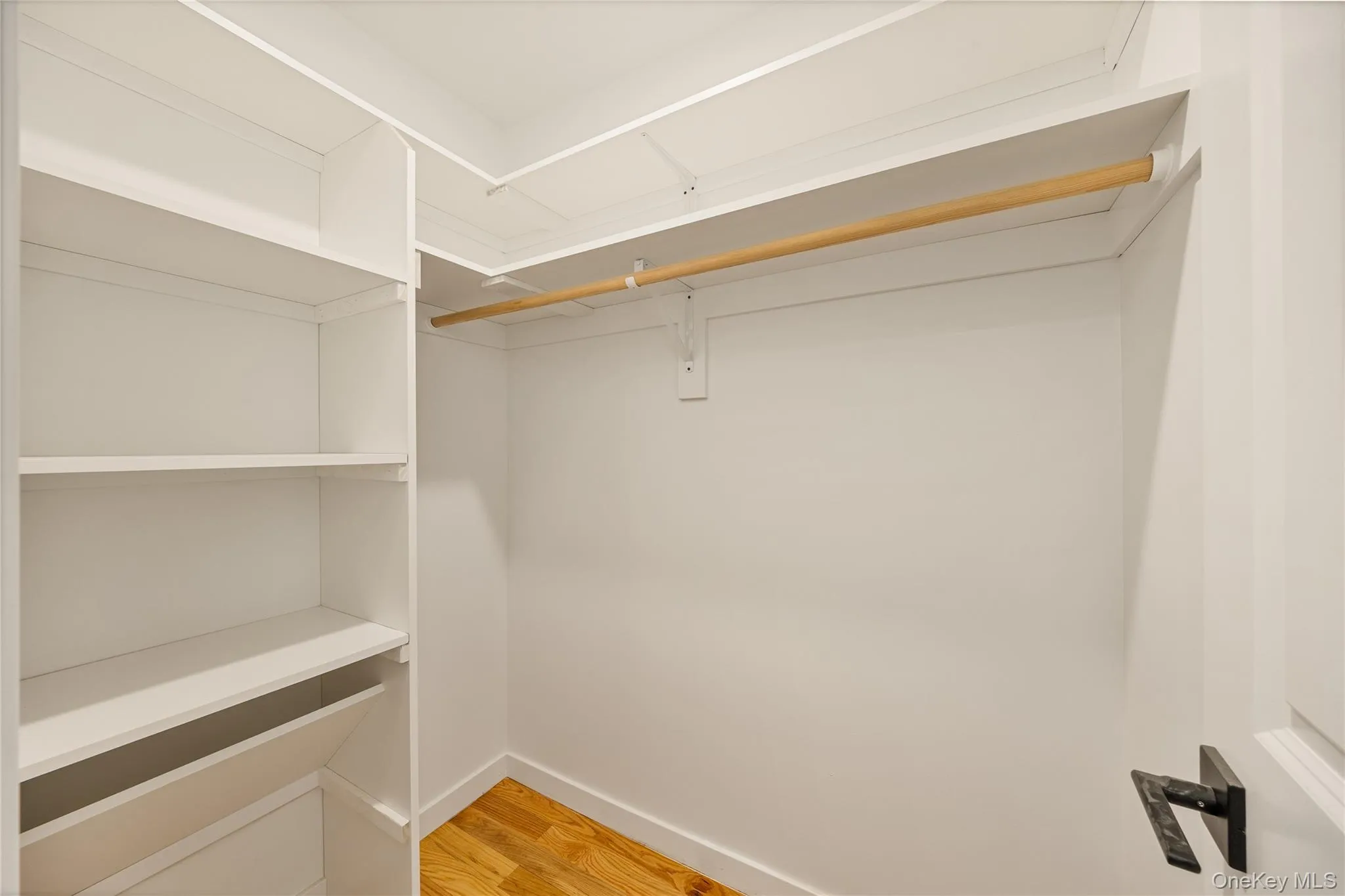 Walk in closet with light wood-style flooring Walk in closet with light wood-style flooring