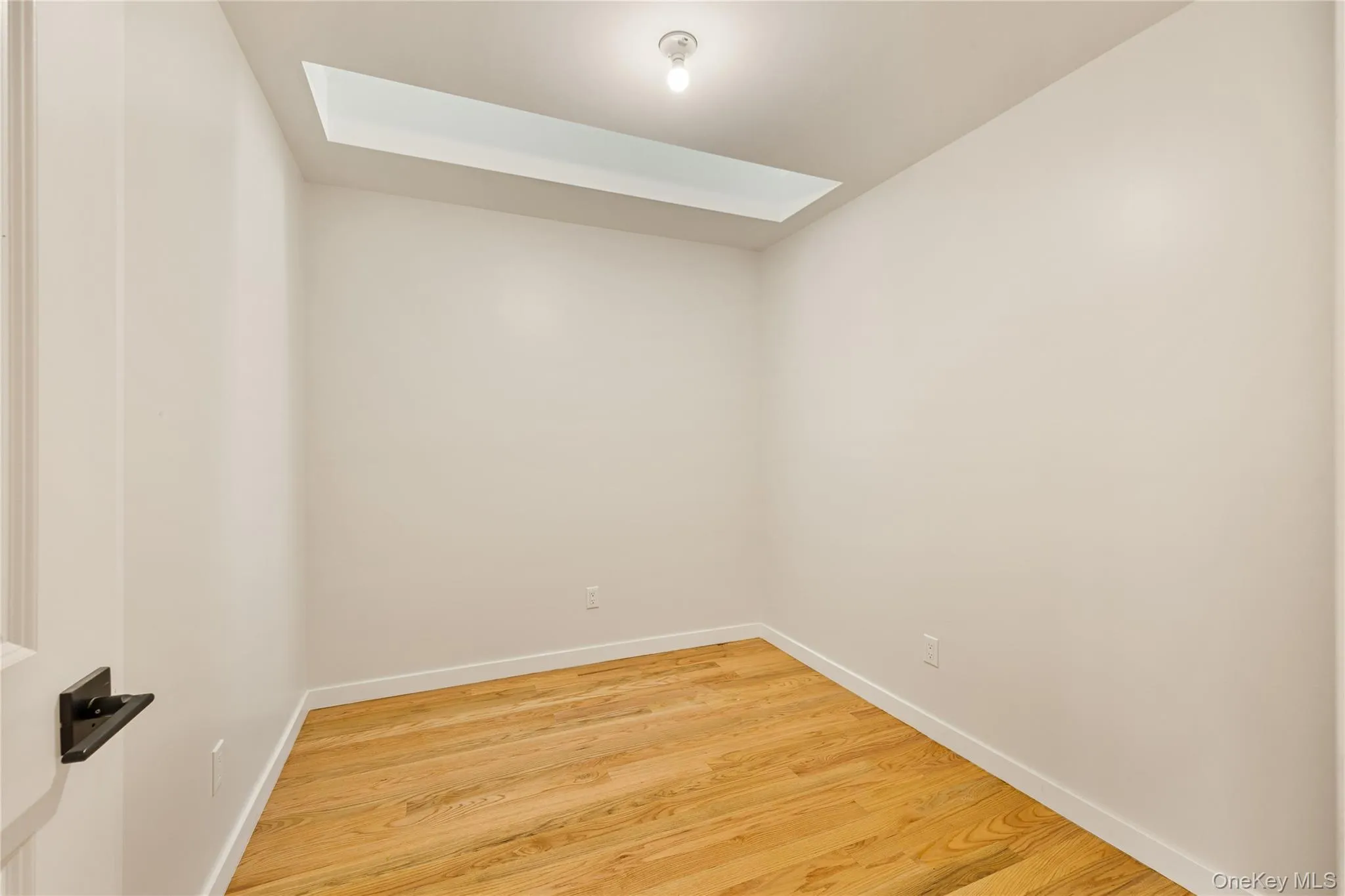 Unfurnished room with a skylight and light wood-style floors Unfurnished room with a skylight and light wood-style floors