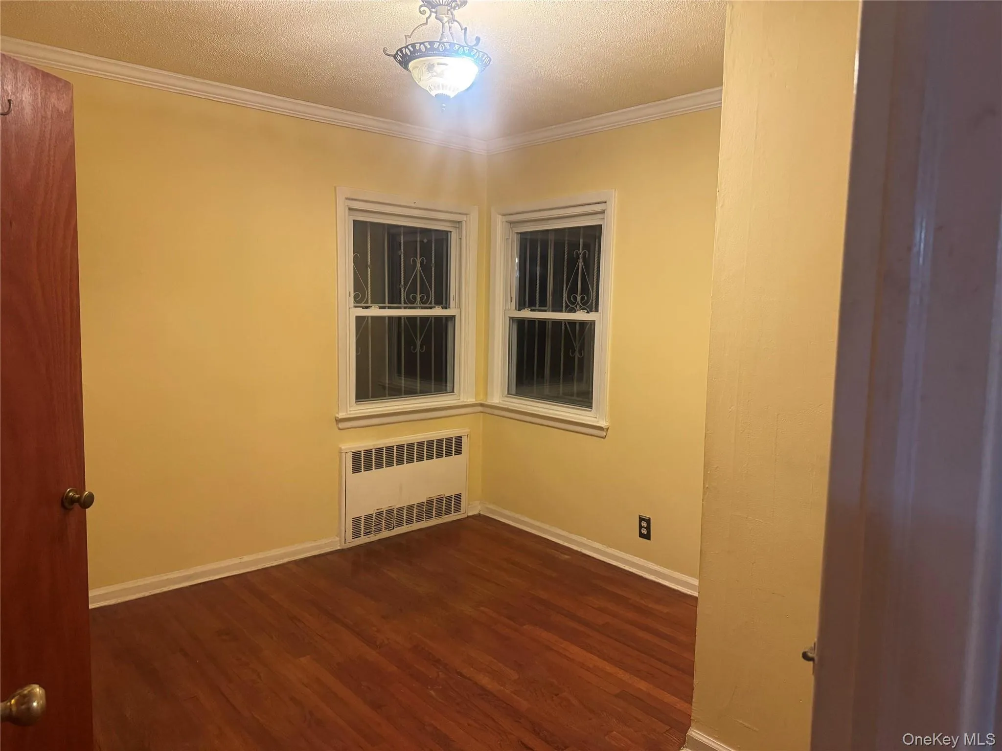 Empty room featuring crown molding, a textured ceiling, radiator heating unit, and dark wood-style flooring Empty room featuring crown molding, a textured ceiling, radiator heating unit, and dark wood-style flooring