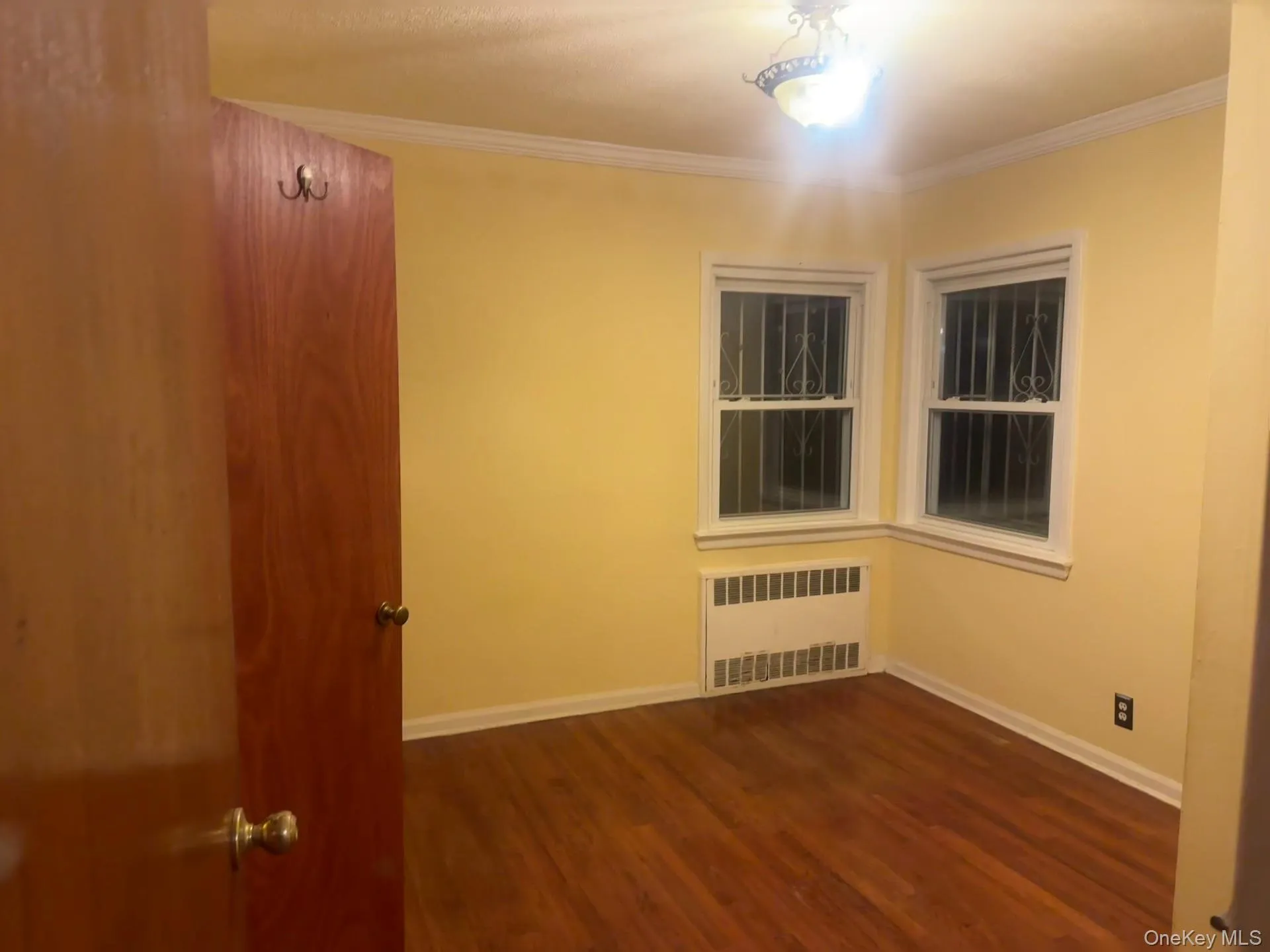 Spare room with radiator heating unit, crown molding, and dark wood-style floors Spare room with radiator heating unit, crown molding, and dark wood-style floors
