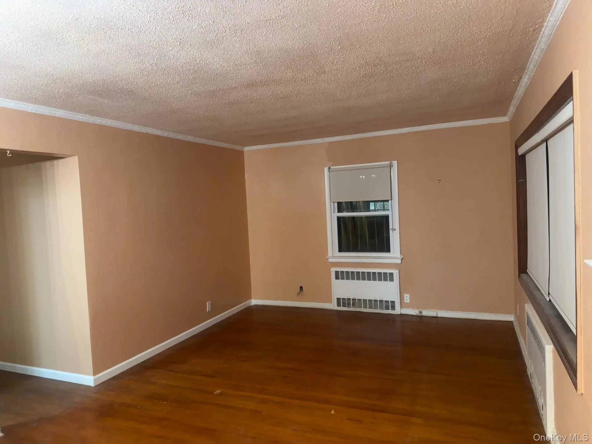 Unfurnished room with crown molding, dark wood-type flooring, a textured ceiling, and radiator Unfurnished room with crown molding, dark wood-type flooring, a textured ceiling, and radiator