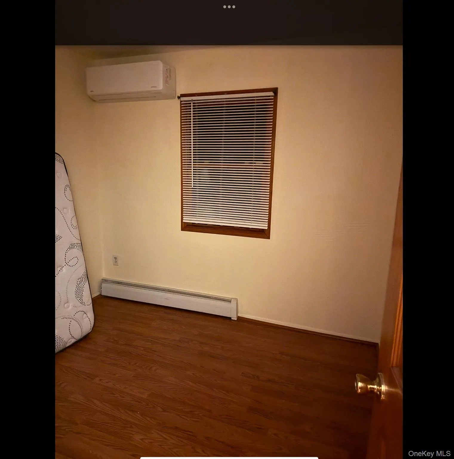 Unfurnished room featuring dark wood-type flooring, a baseboard radiator, and an AC wall unit Unfurnished room featuring dark wood-type flooring, a baseboard radiator, and an AC wall unit