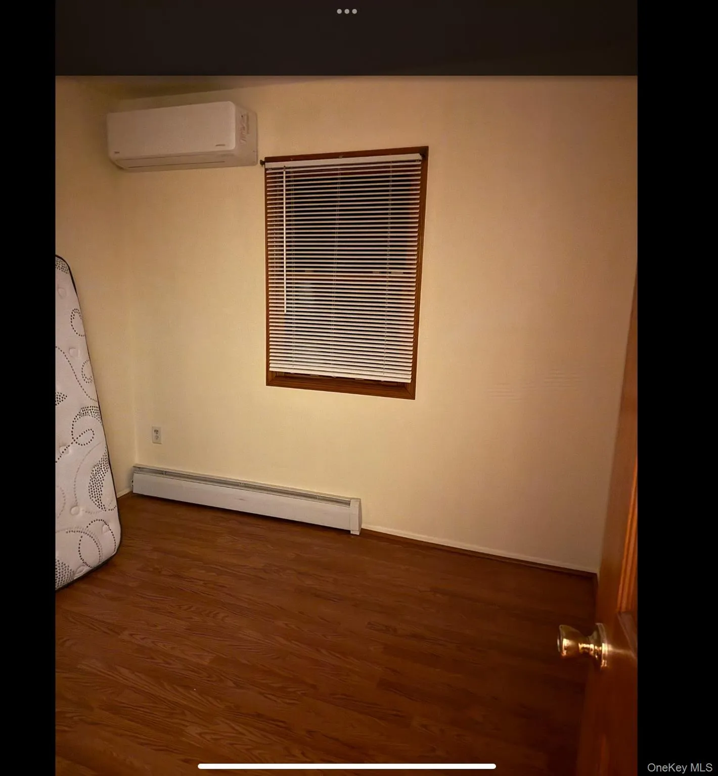Spare room featuring dark wood-type flooring, a baseboard radiator, and an AC wall unit Spare room featuring dark wood-type flooring, a baseboard radiator, and an AC wall unit