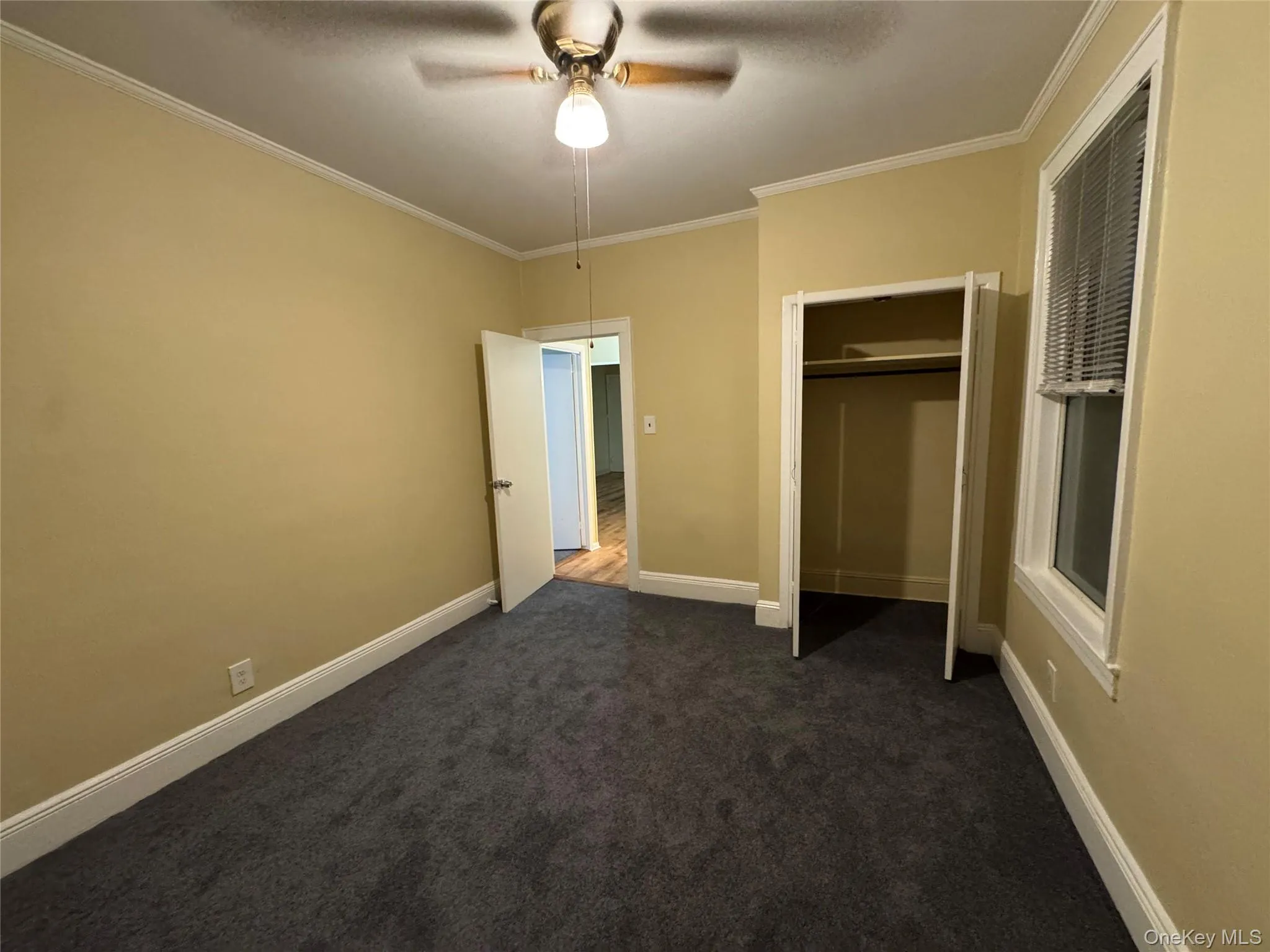 Unfurnished bedroom with crown molding, dark colored carpet, a ceiling fan, and a closet Unfurnished bedroom with crown molding, dark colored carpet, a ceiling fan, and a closet