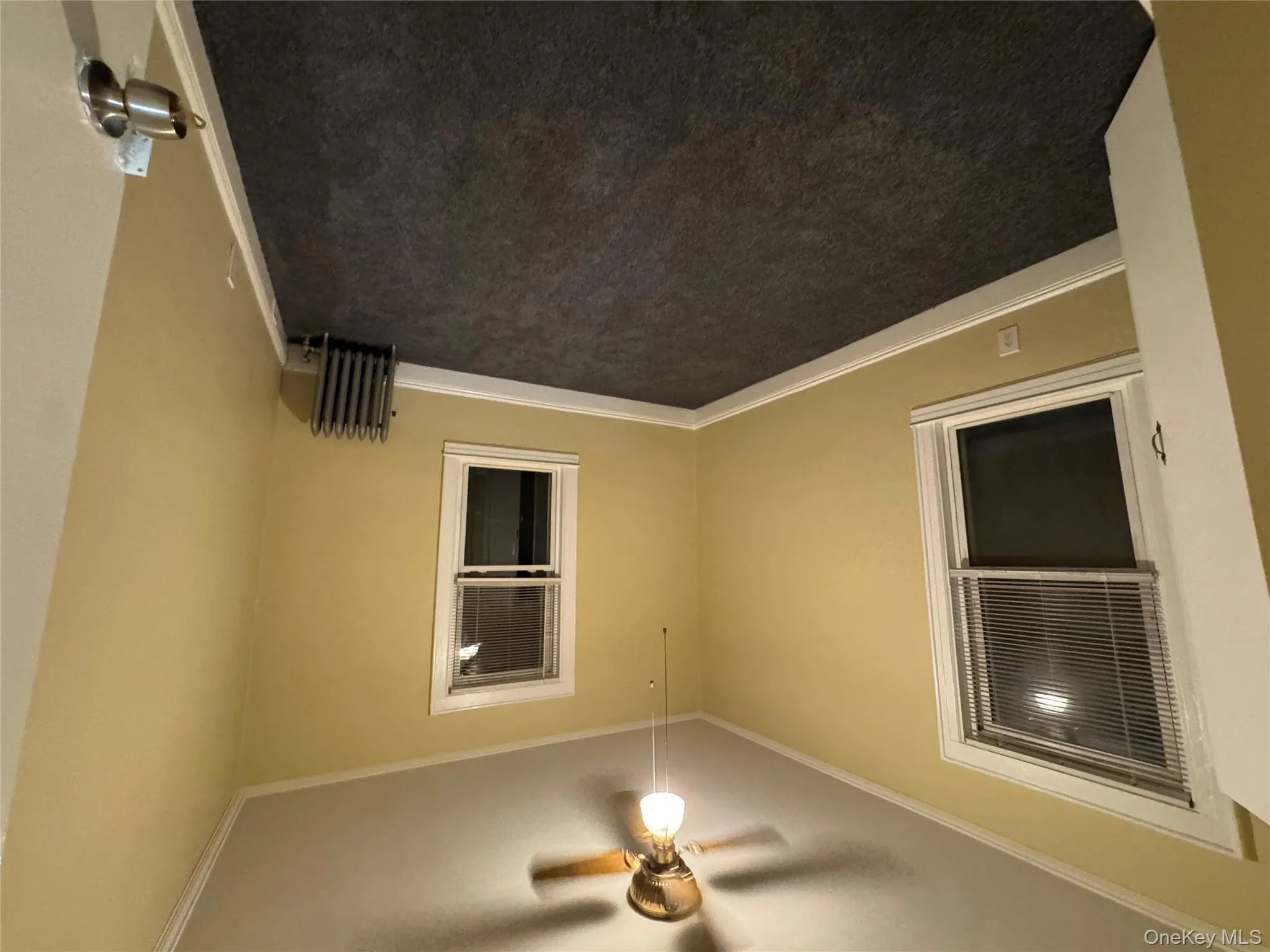 Empty room with crown molding, carpet, radiator heating unit, and ceiling fan Empty room with crown molding, carpet, radiator heating unit, and ceiling fan