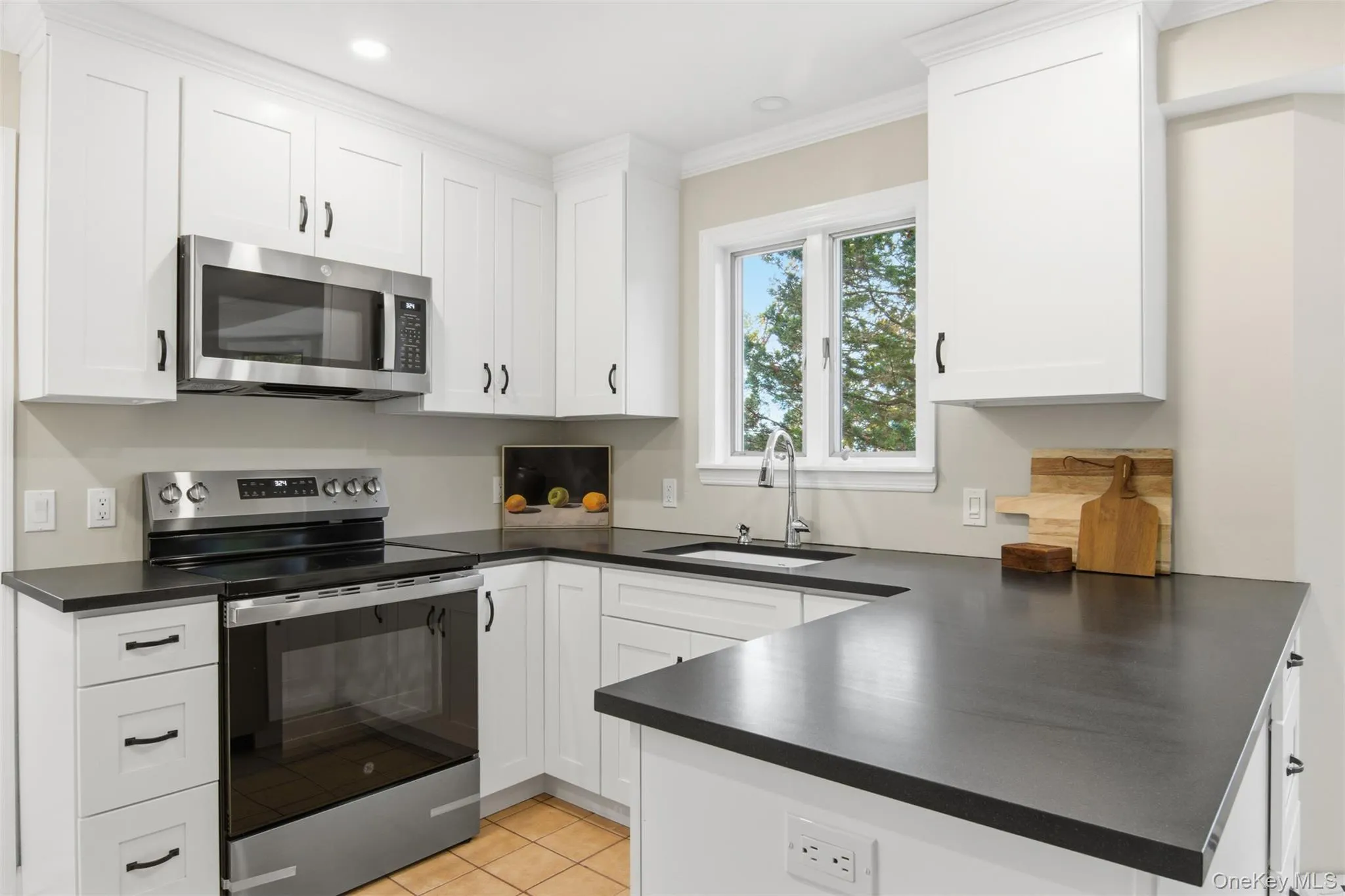 Kitchen featuring appliances with stainless steel finishes, dark countertops, white cabinets, a peninsula, and recessed lighting Kitchen featuring appliances with stainless steel finishes, dark countertops, white cabinets, a peninsula, and recessed lighting