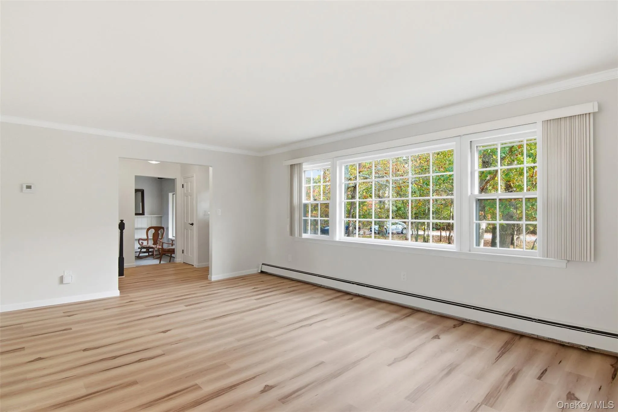 Empty room featuring a baseboard radiator, ornamental molding, and light wood-style floors Empty room featuring a baseboard radiator, ornamental molding, and light wood-style floors