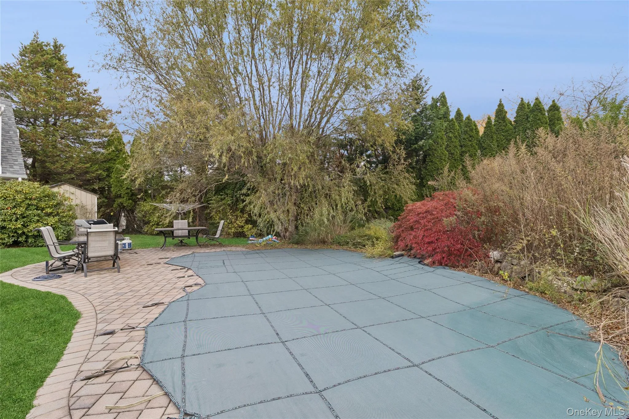 View of swimming pool with a patio, a covered pool, and view of scattered trees View of swimming pool with a patio, a covered pool, and view of scattered trees