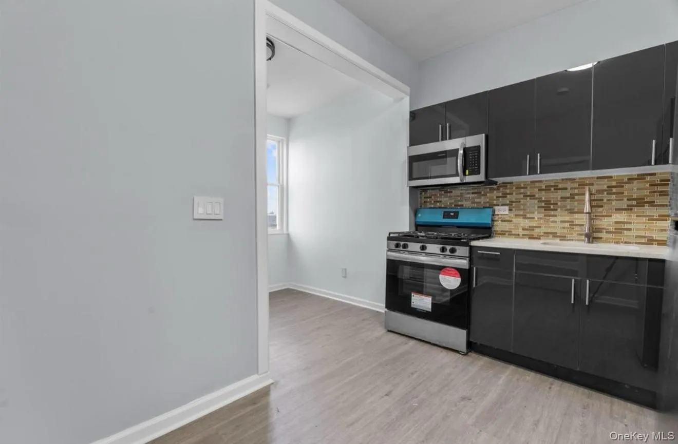 Kitchen with dark cabinetry, appliances with stainless steel finishes, tasteful backsplash, light wood-type flooring, and modern cabinets Kitchen with dark cabinetry, appliances with stainless steel finishes, tasteful backsplash, light wood-type flooring, and modern cabinets